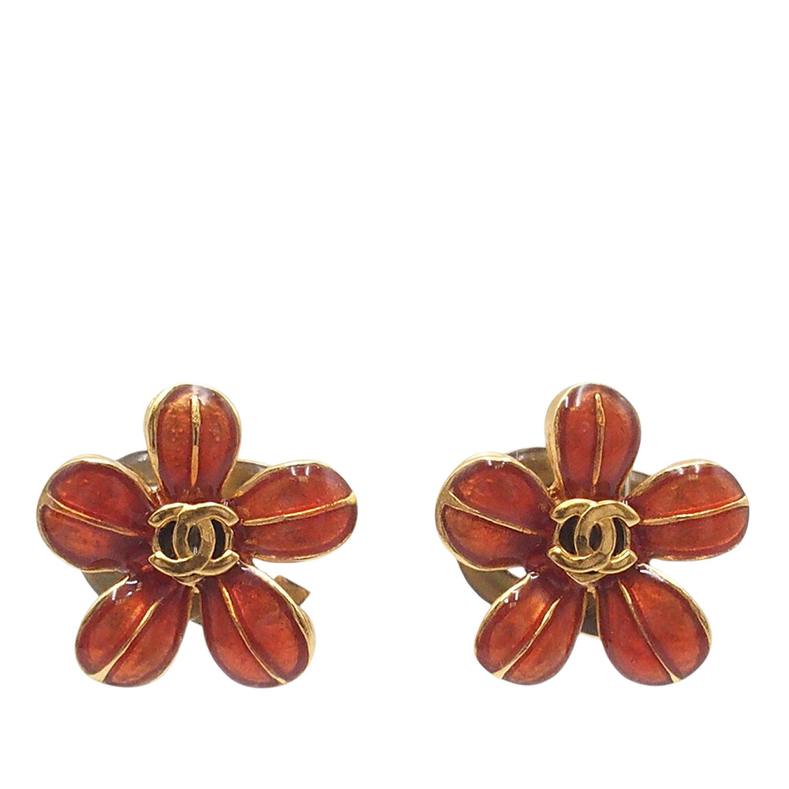 Chanel CC Flower Earrings Gold Plated Resin Red Push Back: Chanel CC Flower Earrings Gold Plated Resin Red Push Back These Chanel earrings feature a resin and gold-plated design with a CC flower motif and push back closures. The earrings are red and classifie