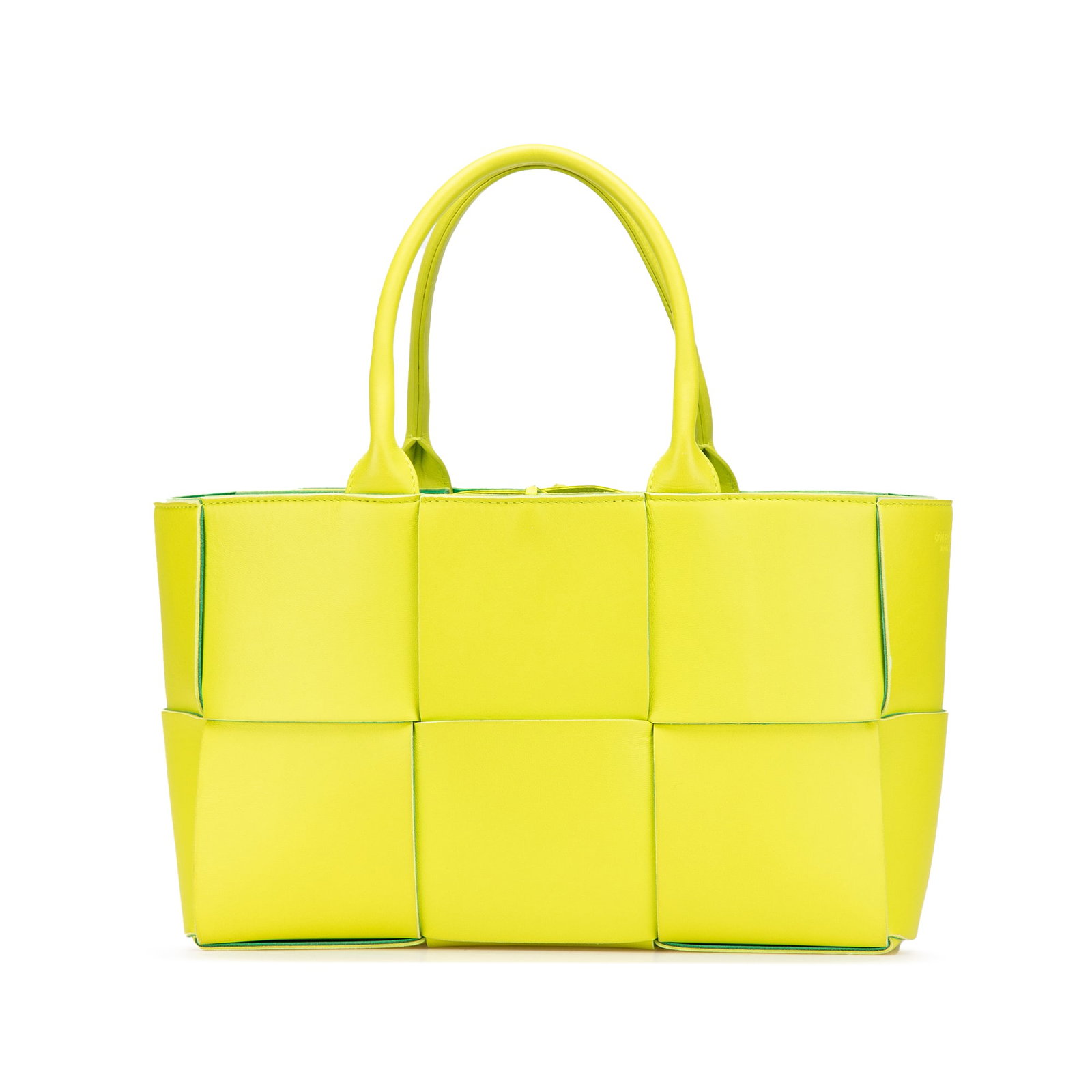 Bottega Veneta Yellow Small Nappa Maxi Intrecciato Arco Tote Bag: Bottega Veneta Yellow Small Nappa Maxi Intrecciato Arco Tote Bag Introducing the Bottega Veneta Small Nappa Maxi Intrecciato Arco Tote, a luxurious bag crafted from high-quality leather. This stylish 