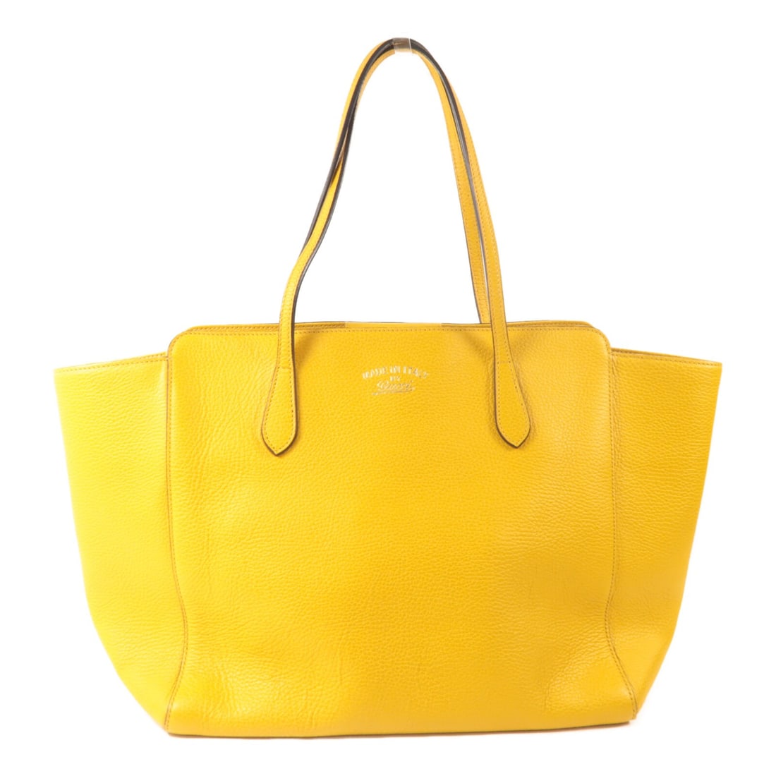 Gucci Yellow Calfskin GG Swing Tote Bag GHW: Gucci Yellow Calfskin GG Swing Tote Bag GHW This GUCCI Swing Large Tote Bag is crafted from calfskin leather in a vibrant yellow hue. Designed for women, it features a spacious interior, making it bot