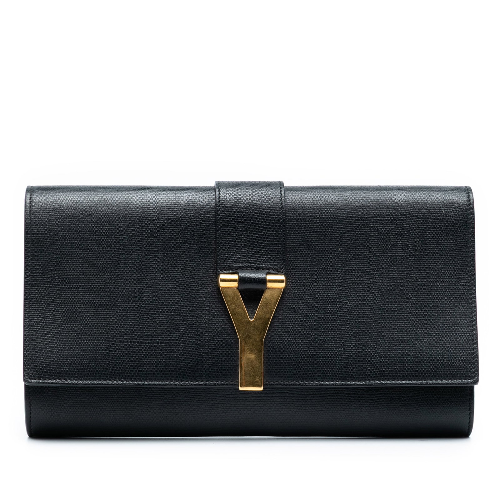 Black Leather Chyc Ligne Clutch with Gold Y Hardware by Saint Laurent: Black Leather Chyc Ligne Clutch with Gold Y Hardware by Saint Laurent This Saint Laurent Chyc Ligne Clutch features a black leather body with a front flap adorned by gold-tone Y hardware. The clutch i