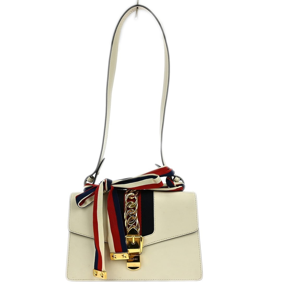 Gucci Sylvie Medium White Leather Vintage Shoulder Bag: Gucci Sylvie Medium White Leather Vintage Shoulder Bag This is a Gucci Sylvie shoulder bag in white leather, featuring a medium size with a structured silhouette. The bag includes a shoulder strap for