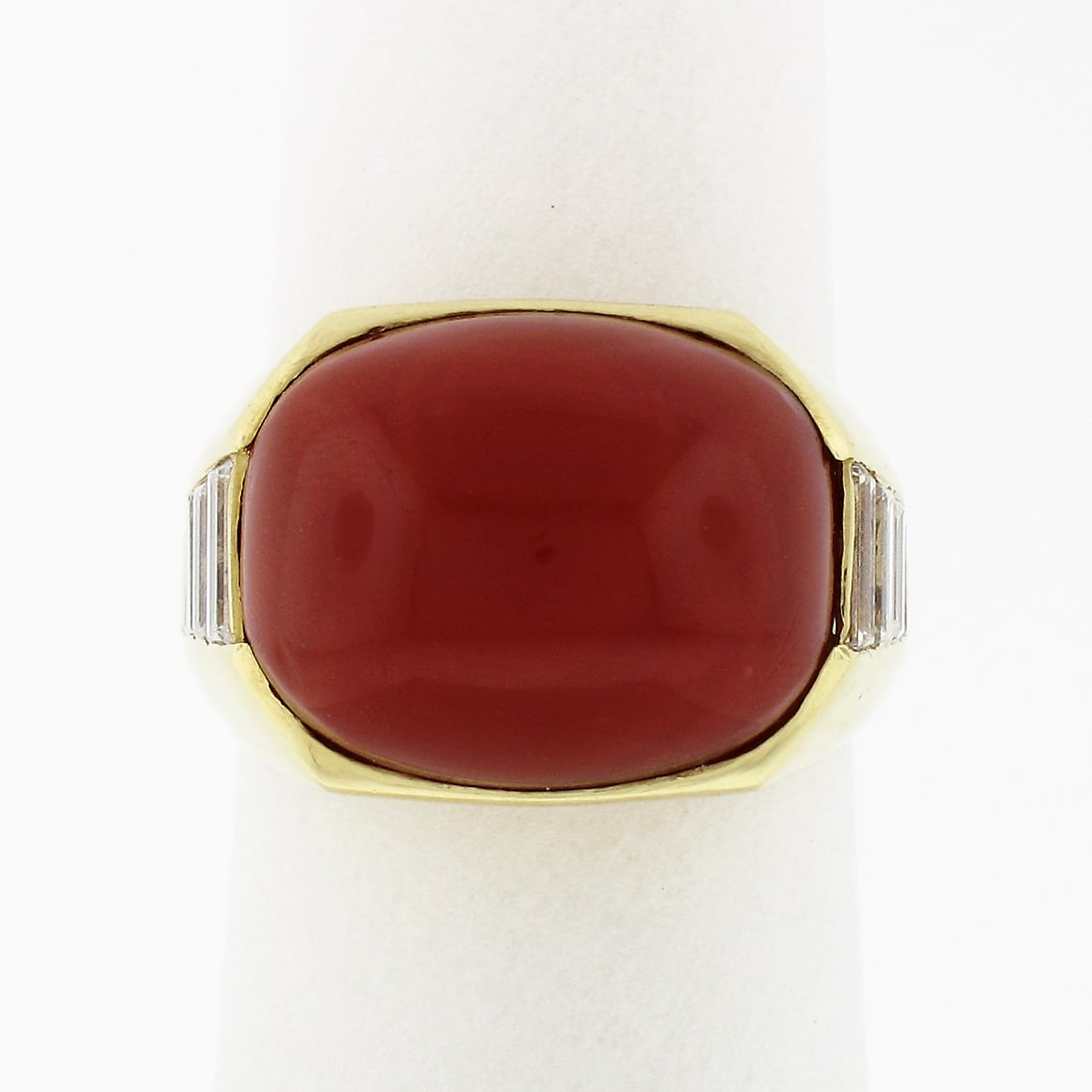 Vintage 18K Yellow Gold GIA Coral Diamond Cocktail Ring: Vintage 18K Yellow Gold GIA Coral Diamond Cocktail Ring This exquisite vintage cocktail ring features a stunning cushion cabochon cut orangy red coral, often referred to as "ox blood red," set in soli