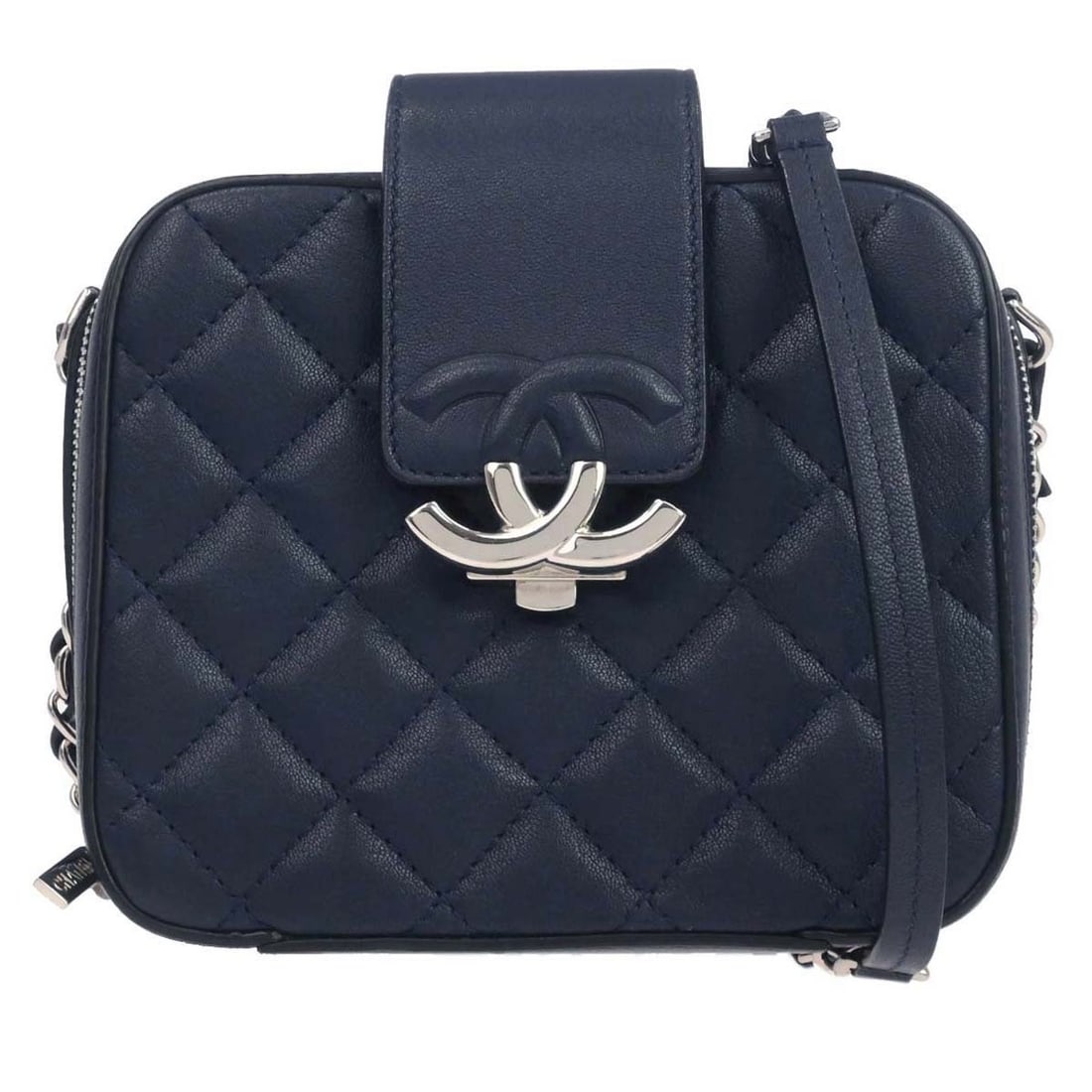 Chanel Mini Navy Leather Camera Crossbody Bag with Chain Strap: Chanel Mini Navy Leather Camera Crossbody Bag with Chain Strap This Chanel Mini Box Camera Bag is crafted from navy lambskin leather and features a compact silhouette with a zip closure. Designed with