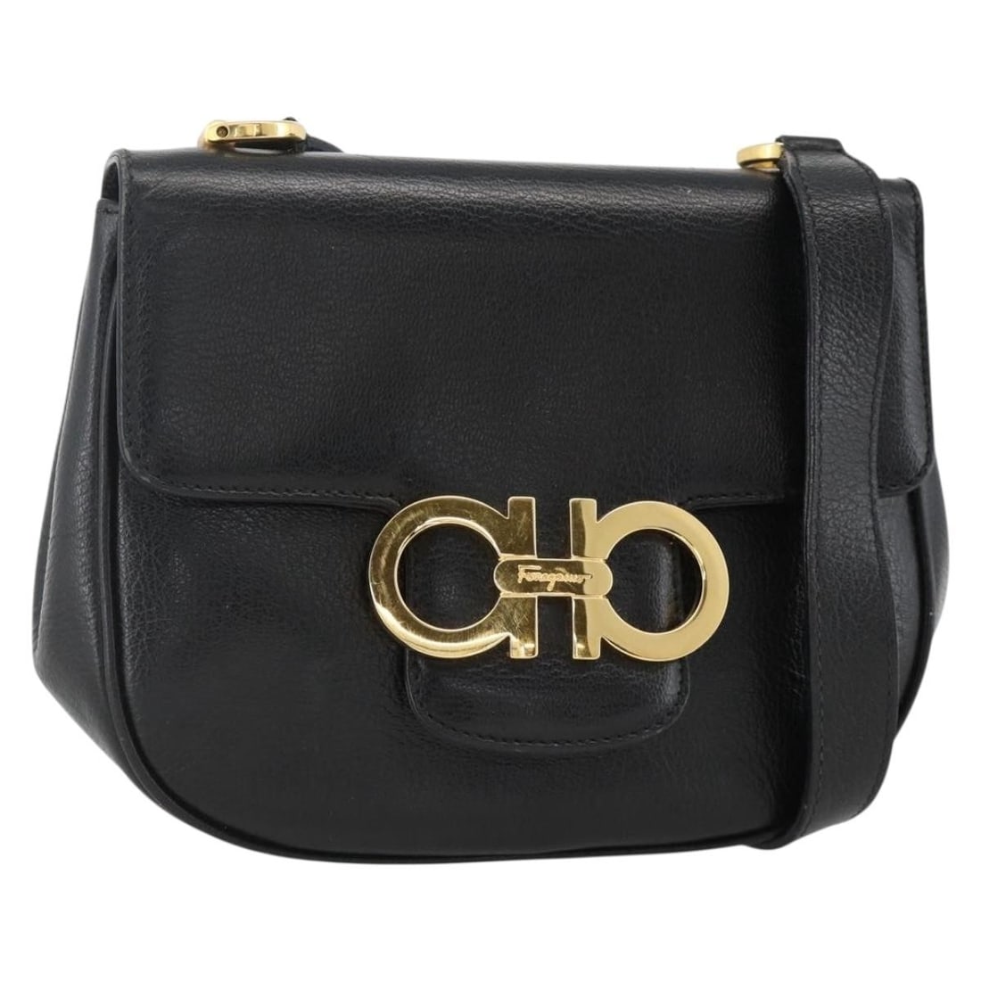 Salvatore Ferragamo Black Leather Gancini Shoulder Bag Gold Hardware Italy: Salvatore Ferragamo Black Leather Gancini Shoulder Bag Gold Hardware Italy This Salvatore Ferragamo Gancini shoulder bag is crafted from black leather with gold-tone accents. Designed for women, it fe