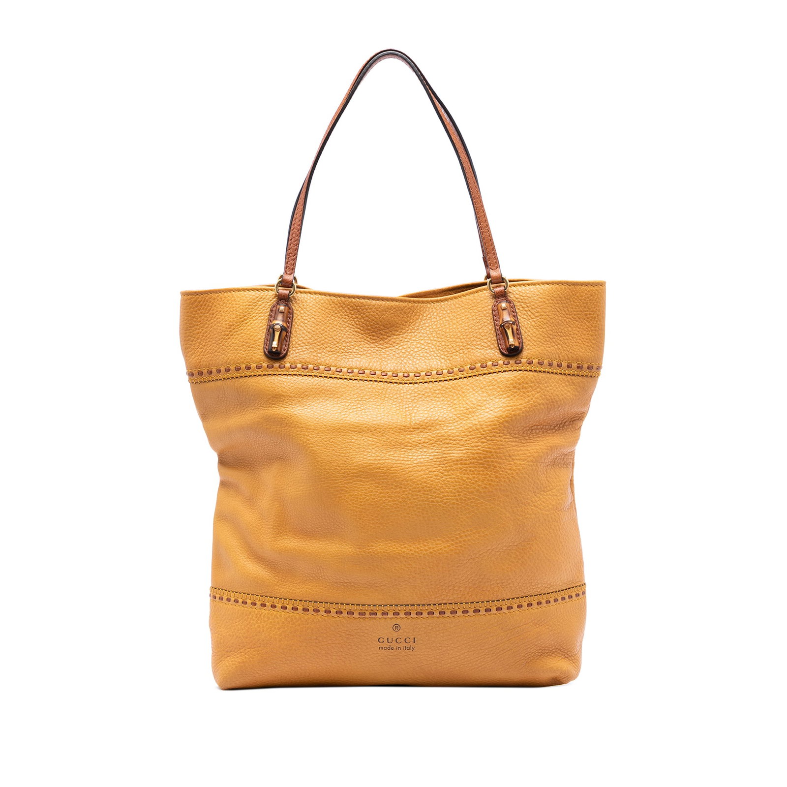 Gucci Crafty Large Leather Tote with Bamboo Strap Details: Gucci Crafty Large Leather Tote with Bamboo Strap Details This Gucci Large Calfskin Laidback Crafty Tote features a leather body in brown, flat leather straps accented with bamboo details, an open top