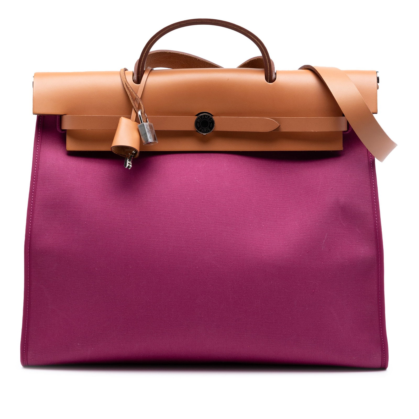 Herbag Zip 39 Pink Canvas Shoulder Bag with Leather Handle by Hermes: Herbag Zip 39 Pink Canvas Shoulder Bag with Leather Handle by Hermes The Hermes Toile Herbag Zip 39 features a canvas body with a flat leather top handle and a flat leather shoulder strap. It has a to