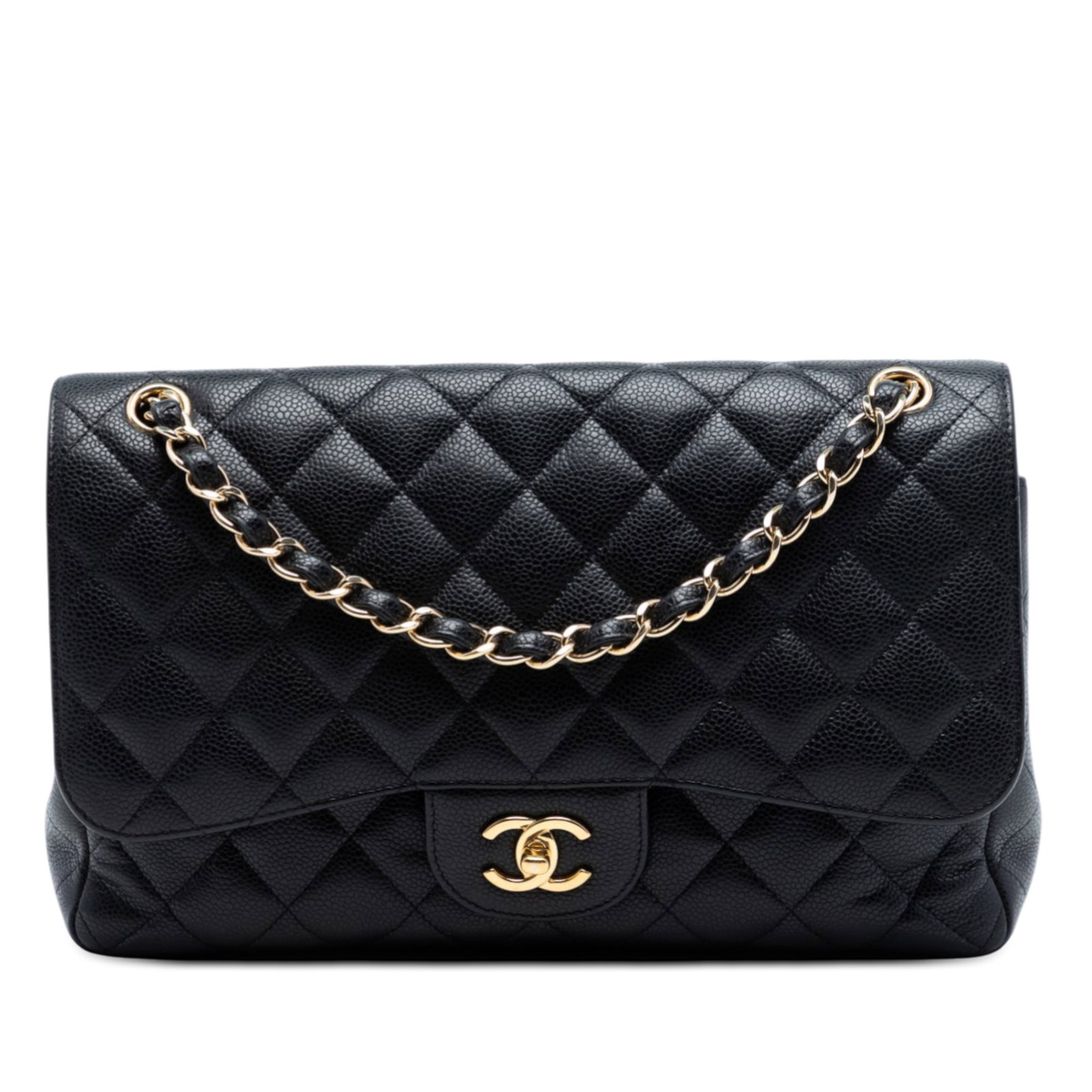 Black Quilted Leather Jumbo Double Flap Shoulder Bag by Chanel: Black Quilted Leather Jumbo Double Flap Shoulder Bag by Chanel This Chanel Jumbo Classic Caviar Double Flap shoulder bag features a quilted caviar leather exterior in black with leather-woven chain st