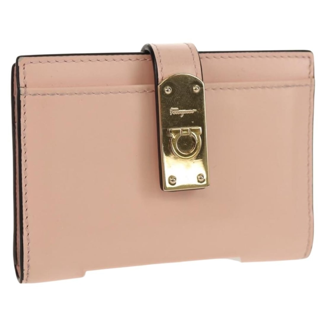 Salvatore Ferragamo Pink Gold Gancini Leather Card Case Authentic: Salvatore Ferragamo Pink Gold Gancini Leather Card Case Authentic Elevate your accessory collection with this exquisite Salvatore Ferragamo Gancini Card Case. Crafted in Italy from high-quality leathe