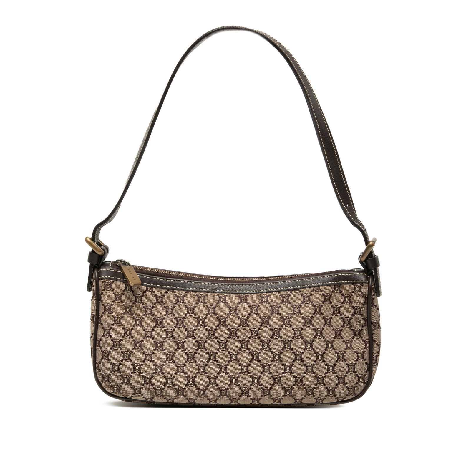 Celine Macadam Beige Canvas Bag with Leather Trim and Zip Top: Celine Macadam Beige Canvas Bag with Leather Trim and Zip Top This Celine Macadam shoulder bag features a beige canvas body with leather trim, a flat leather shoulder strap, a top zip closure, and an 