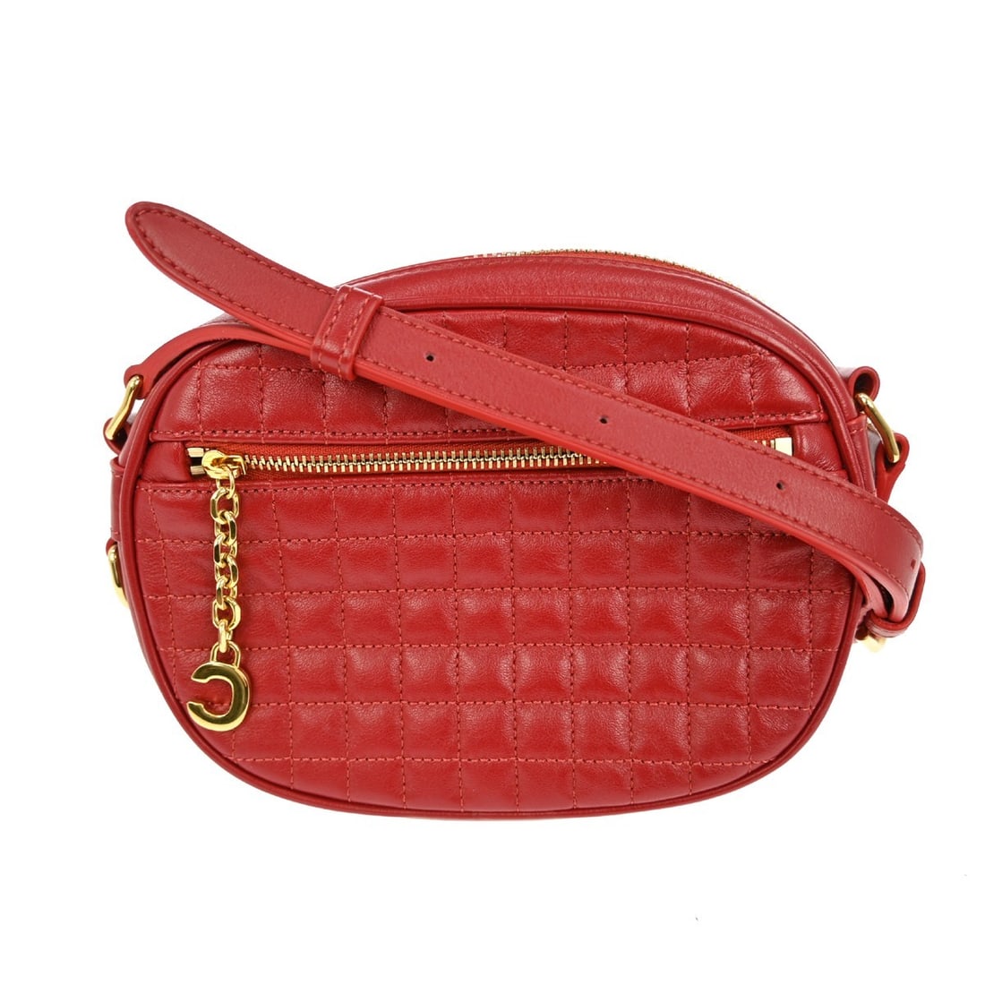 Celine Small Red Leather Shoulder Bag with Logo Accent: Celine Small Red Leather Shoulder Bag with Logo Accent This Celine shoulder bag is a stylish accessory crafted from high-quality red leather, perfect for casual occasions. The small-sized bag features