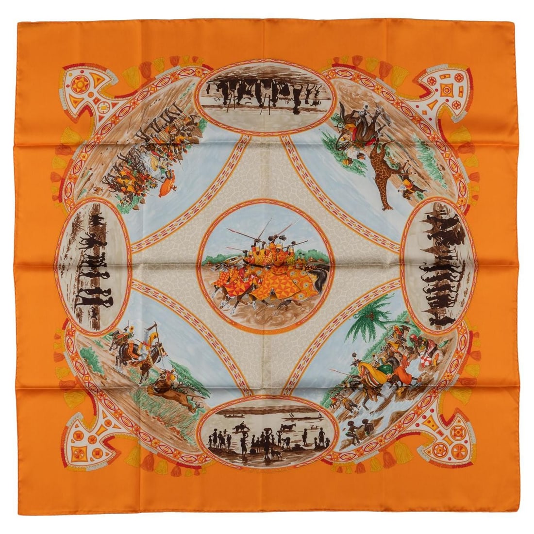 Hermes Cavaliers Peuls Silk Scarf by Jean de Fougerolle: Hermes Cavaliers Peuls Silk Scarf by Jean de Fougerolle This exquisite Hermes "CAVALIERS PEULS" Silk Scarf features a vibrant multi-color design with an orange background, showcasing the artistry of J