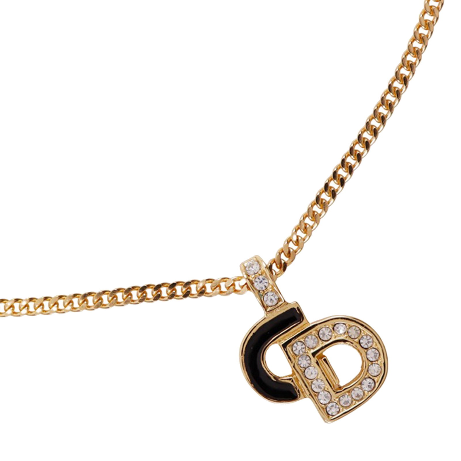 Dior CD Logo Pendant Necklace with Gold Plating and Rhinestones: Dior CD Logo Pendant Necklace with Gold Plating and Rhinestones This Dior necklace features a gold plated metal body with a lacquered CD logo pendant adorned with rhinestones. It is secured with a lob