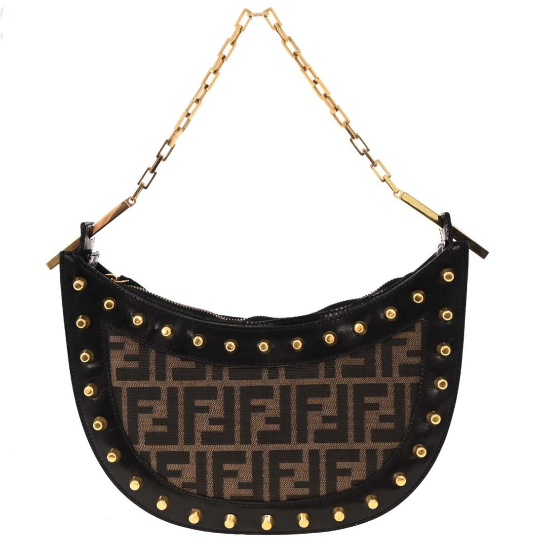 Fendi Black Brown Studded Zucca Handbag 83166050012 Casual Shoulder Strap: Fendi Black Brown Studded Zucca Handbag 83166050012 Casual Shoulder Strap Elevate your casual style with this Fendi Black Brown Studded Zucca Handbag. Crafted from durable canvas, this medium-sized ha
