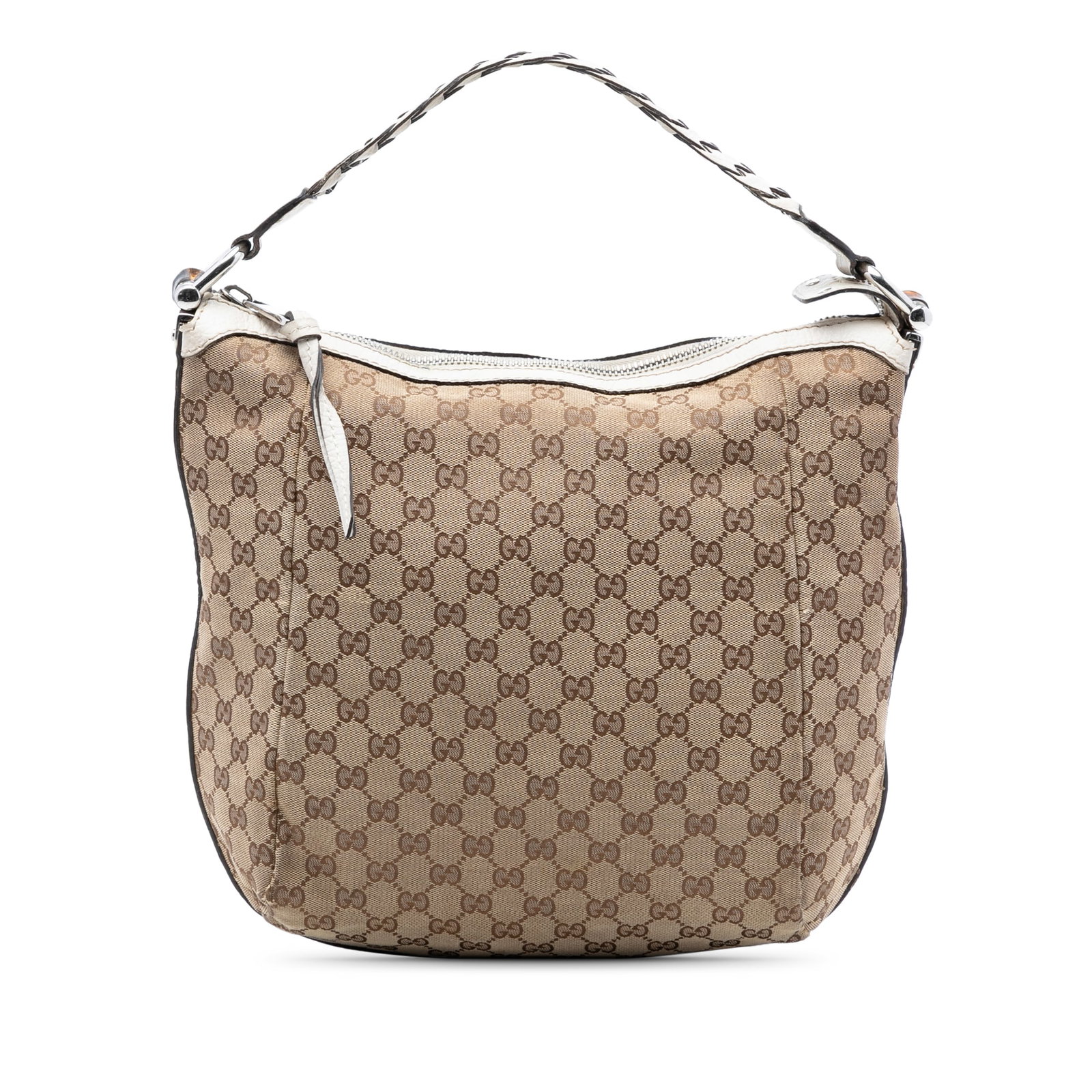 Gucci Bamboo Bar Hobo Bag in GG Canvas with Leather Trim: Gucci Bamboo Bar Hobo Bag in GG Canvas with Leather Trim This Gucci GG Canvas Bamboo Bar Hobo features a beige canvas body with leather trim, a braided shoulder strap, a top zip closure, and interior 