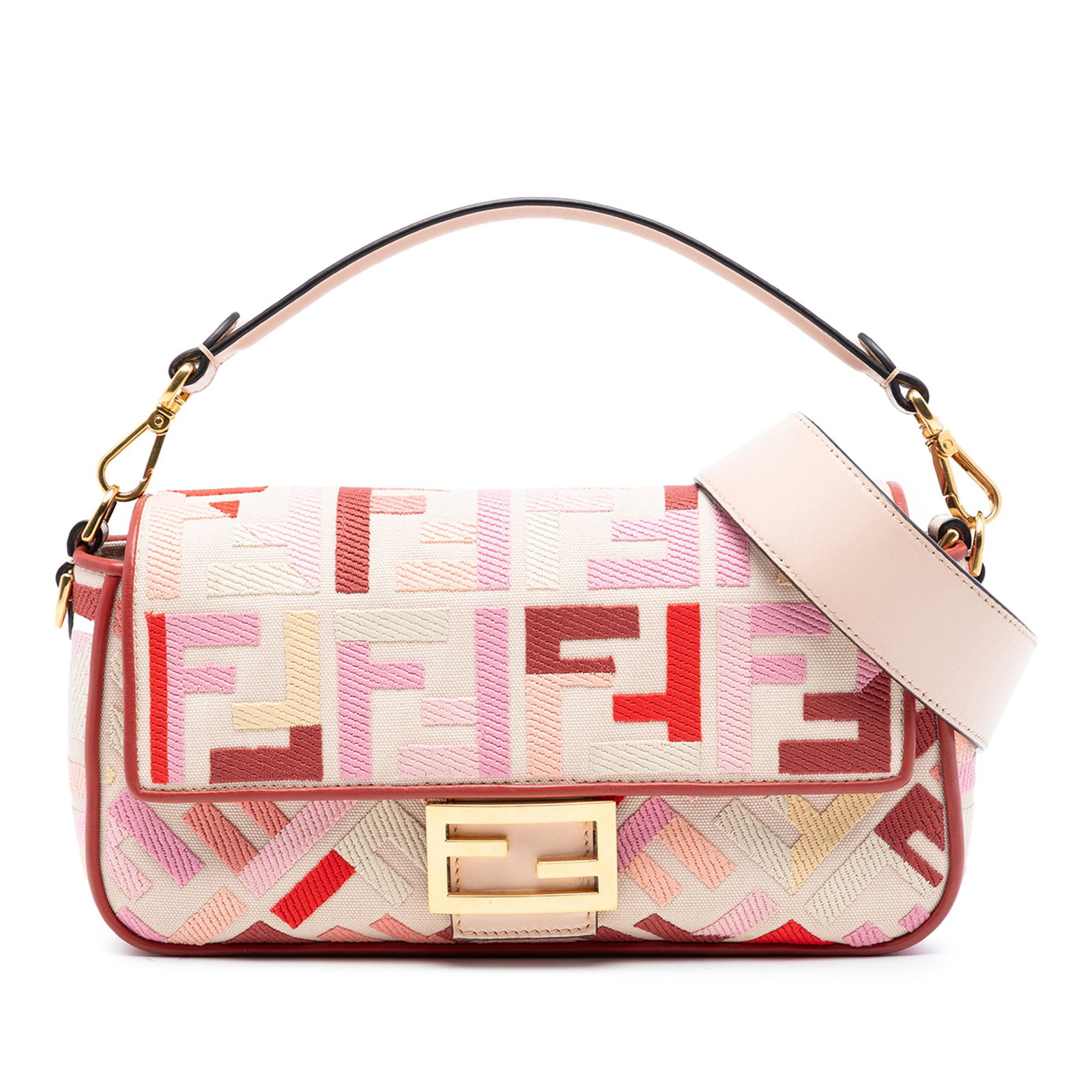Fendi Zucca Pink Canvas Baguette Bag with Embroidered Detailing: Fendi Zucca Pink Canvas Baguette Bag with Embroidered Detailing This Fendi Zucca Embroidered Canvas Baguette Satchel features a pink embroidered canvas body with leather trim, a detachable flat leathe