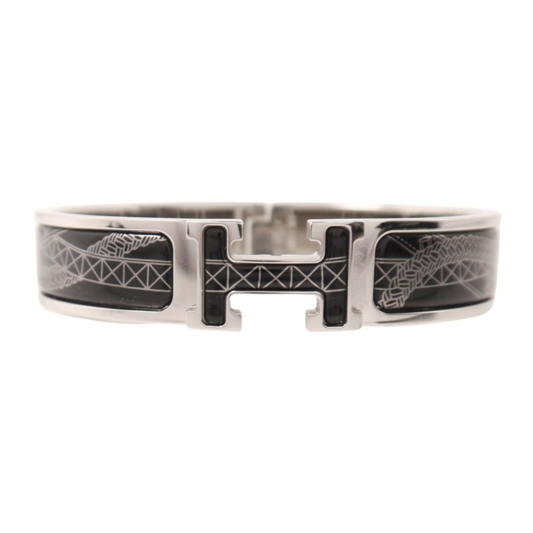 Hermes Clic H enamel bangle silver black PHW: Hermes Clic H enamel bangle silver black PHW This Hermes Clic H bracelet features a sleek black enamel design with silver-toned metal accents, offering a classic and elegant look. Crafted in France, i