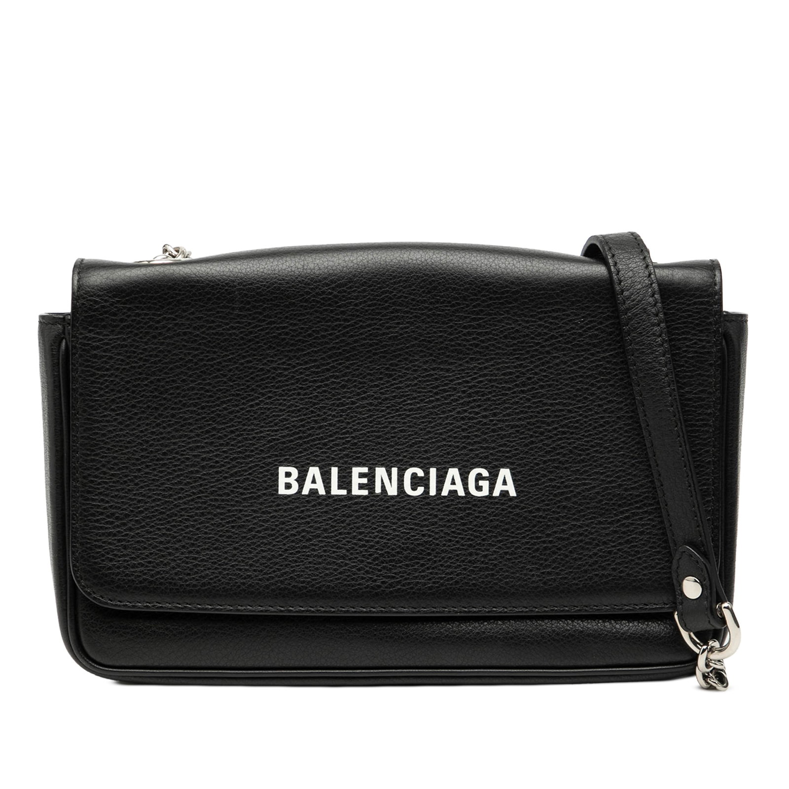 Black Leather Chain Wallet by Balenciaga Everyday Collection: Black Leather Chain Wallet by Balenciaga Everyday Collection This Balenciaga Everyday wallet on chain is crafted from leather and features a silver-tone chain strap with a leather guard, a front flap 