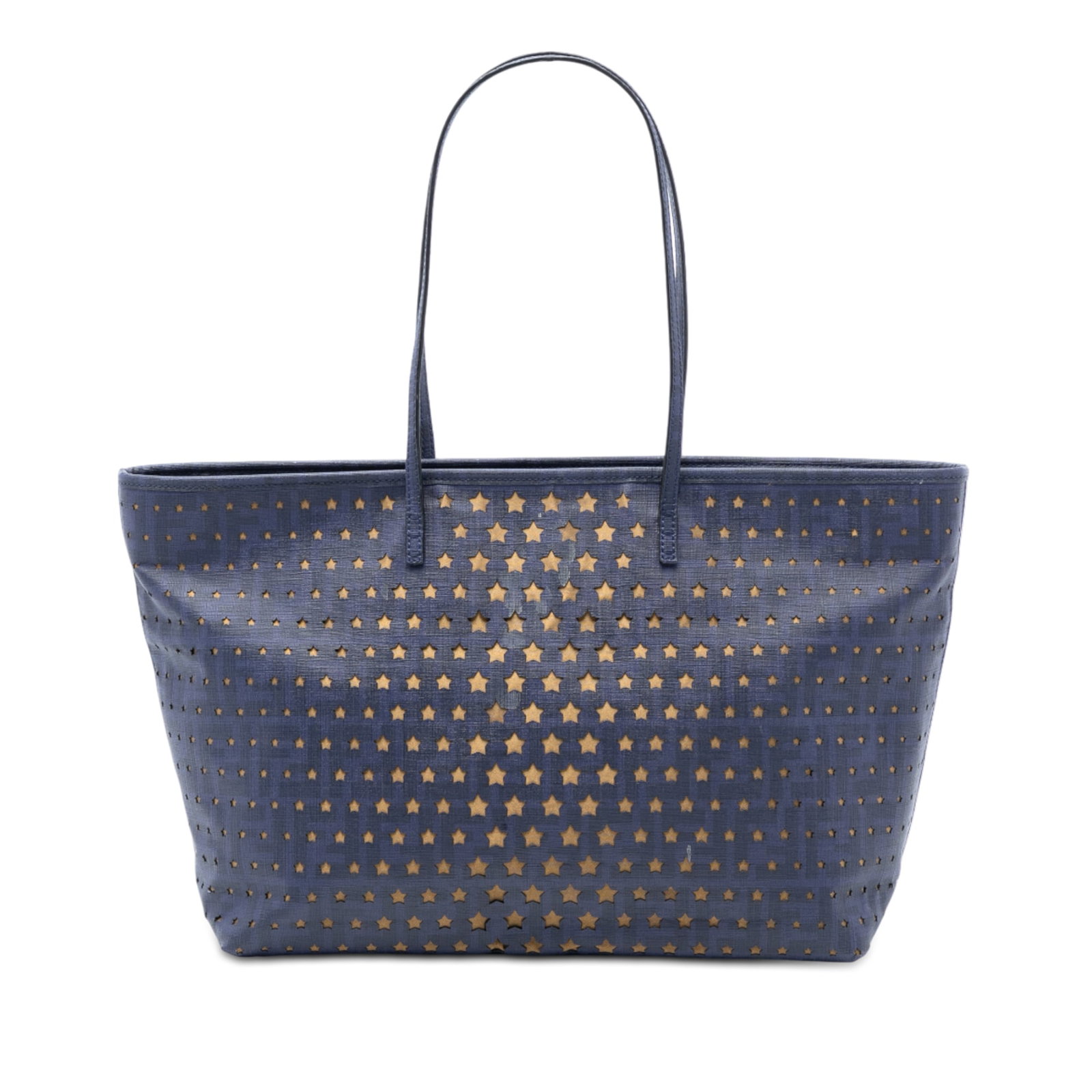 Fendi Star Detail Medium Blue Coated Canvas Tote Bag with Leather Straps: Fendi Star Detail Medium Blue Coated Canvas Tote Bag with Leather Straps This Fendi Medium Coated Canvas Laser Cut Star Roll Tote features a coated canvas exterior adorned with star details and flat l
