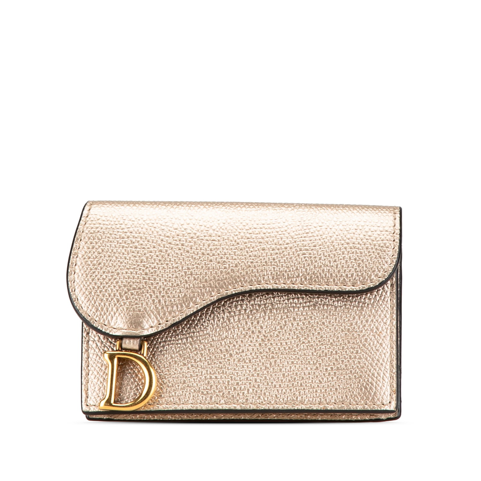 Dior Saddle Gold Leather Card Holder with Snap Closure: Dior Saddle Gold Leather Card Holder with Snap Closure This Dior Leather Saddle Card Holder features a leather body with a signature Saddle silhouette, a snap button closure, interior card slots, and 