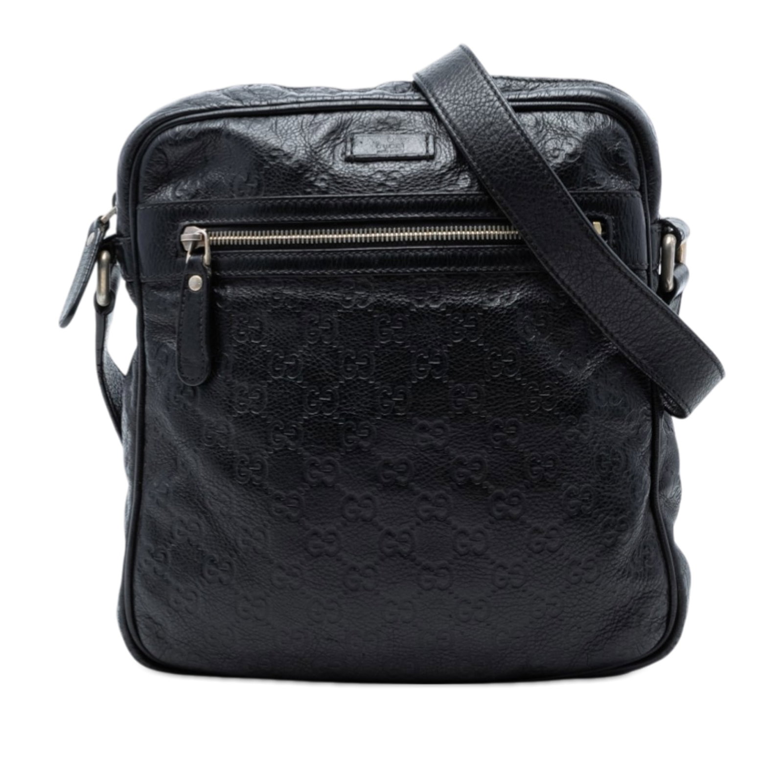 Gucci Guccissima Black Leather Adjustable Strap Crossbody Bag: Gucci Guccissima Black Leather Adjustable Strap Crossbody Bag This crossbody bag features a black leather body with the iconic Guccissima pattern. It is designed with an adjustable flat leather strap,