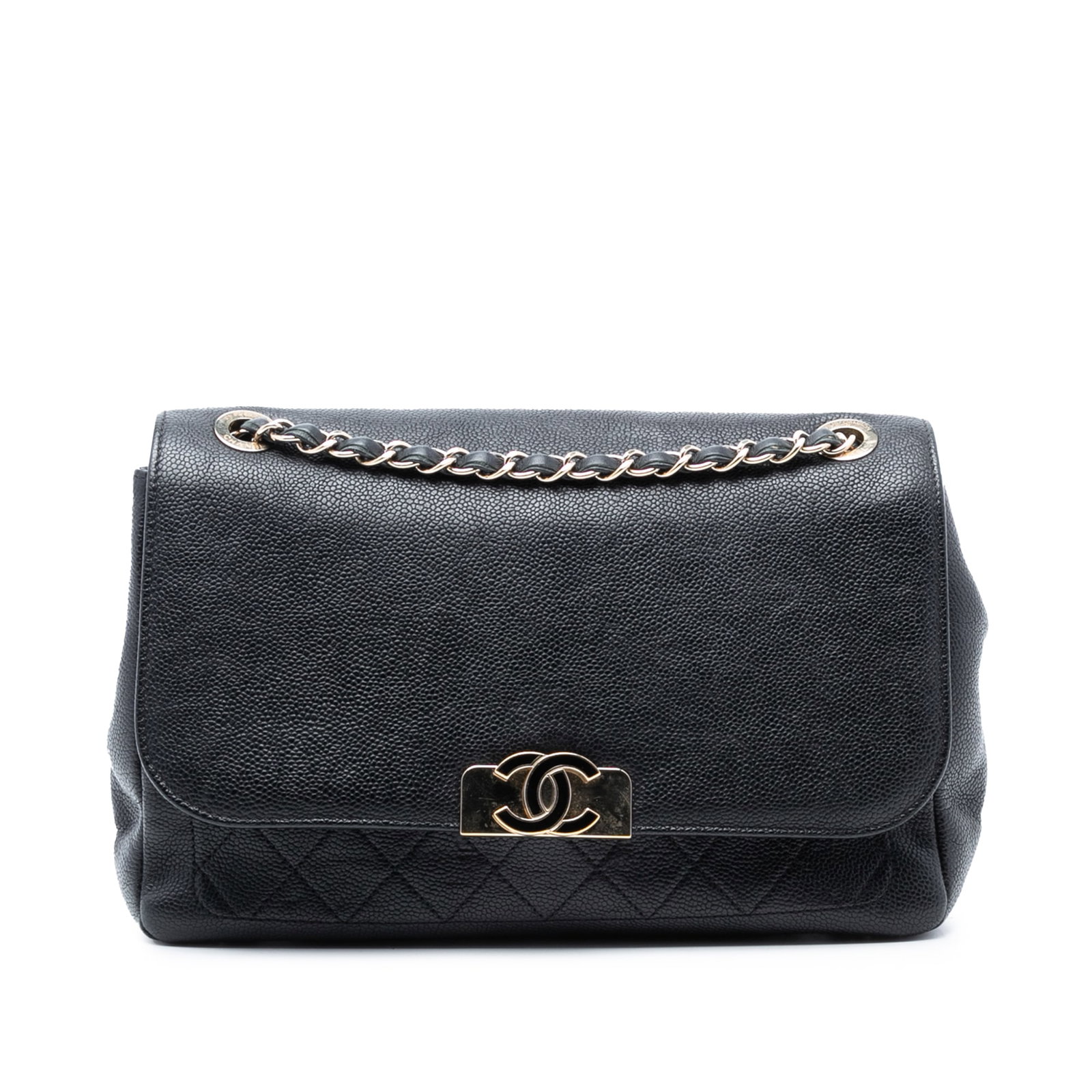 Black Caviar Leather Chanel Flap Pocket Bag with CC Plate and Chain Strap: Black Caviar Leather Chanel Flap Pocket Bag with CC Plate and Chain Strap This Chanel shoulder bag is crafted from black caviar leather and features a quilted design with a front flap secured by a sna