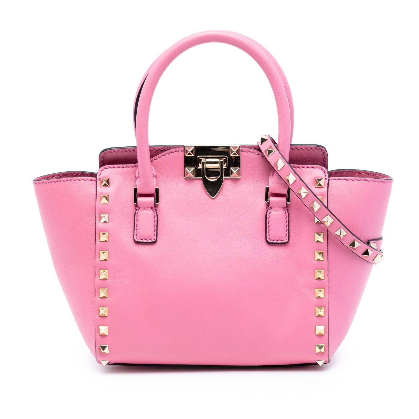Valentino Rockstud Mini Pink Leather Tote with Studded Handles: Valentino Rockstud Mini Pink Leather Tote with Studded Handles This Valentino Mini Leather Rockstud Double Handle Tote features a studded leather exterior, rolled leather handles, and a detachable stu