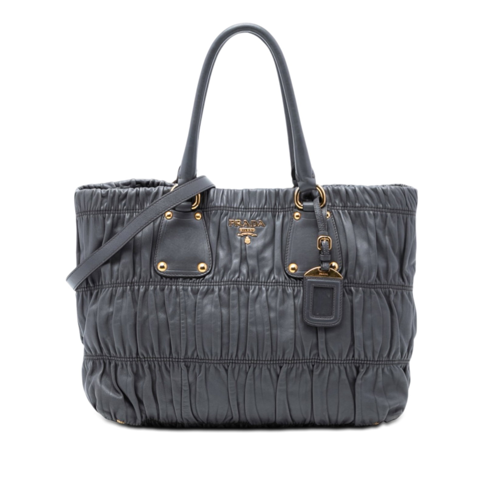 Prada Nappa Gaufre Gray Leather Quilted Satchel with Detachable Strap: Prada Nappa Gaufre Gray Leather Quilted Satchel with Detachable Strap This Prada Nappa Gaufre Satchel features a quilted nappa leather body in gray, rolled leather handles, a detachable flat leather s