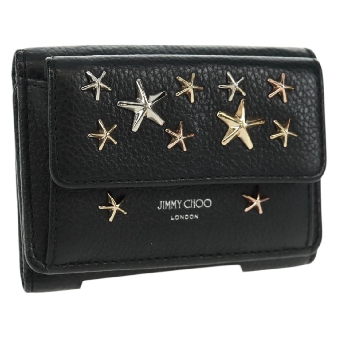 Leather Trifold Wallet by Jimmy Choo in Black with Gold and Silver Accents: Leather Trifold Wallet by Jimmy Choo in Black with Gold and Silver Accents This Jimmy Choo trifold wallet is crafted from leather in a black, gold, and silver color combination. It features a compact 
