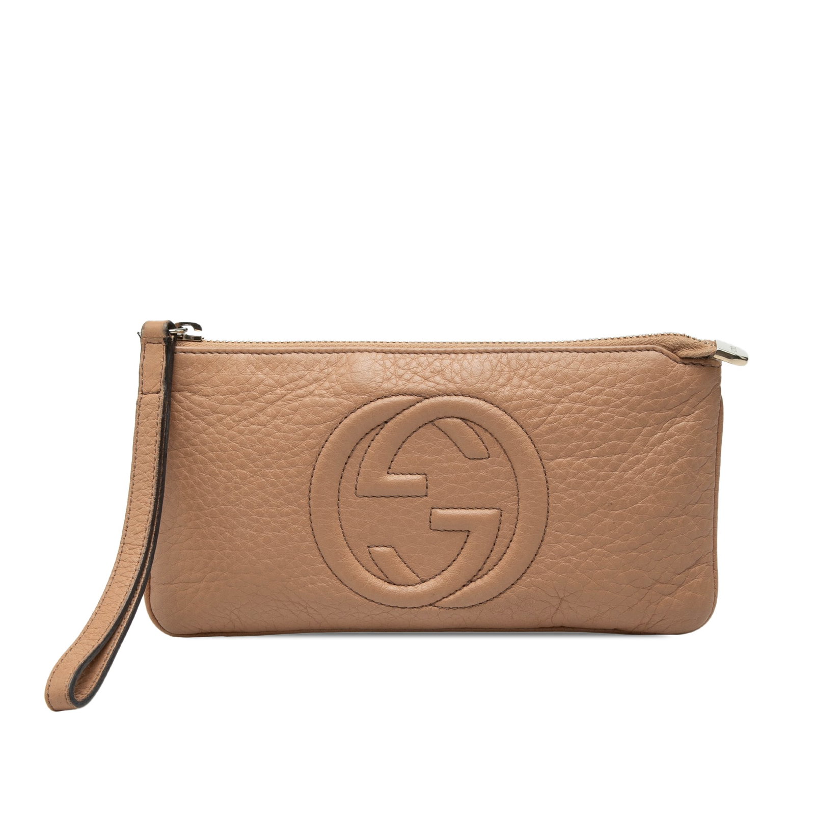 Beige Leather Soho Wristlet Pouch by Gucci with Zip Compartment: Beige Leather Soho Wristlet Pouch by Gucci with Zip Compartment This Gucci Calfskin Soho Pouch is crafted from beige leather and features a flat leather wrist strap, a top zip closure, and an interior