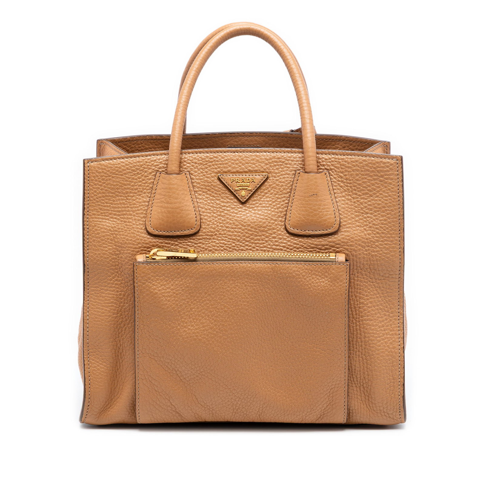 Prada Vitello Daino Beige Leather Convertible Satchel with Front Zip Pocket: Prada Vitello Daino Beige Leather Convertible Satchel with Front Zip Pocket This Prada Vitello Daino Front Pocket Open Convertible Tote is crafted from beige leather and features rolled leather handle