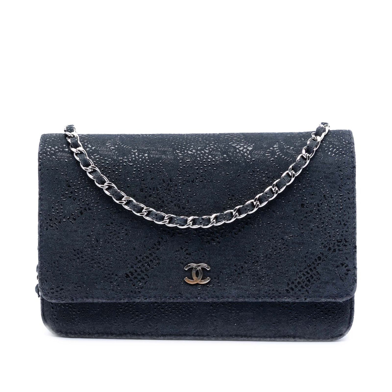 Chanel Blue Goatskin Lace Overlay Wallet on Chain Crossbody Bag: Chanel Blue Goatskin Lace Overlay Wallet on Chain Crossbody Bag This Chanel CC Lace Overlay Goatskin Wallet On Chain is a sophisticated crossbody bag crafted in blue goatskin leather with a delicate l