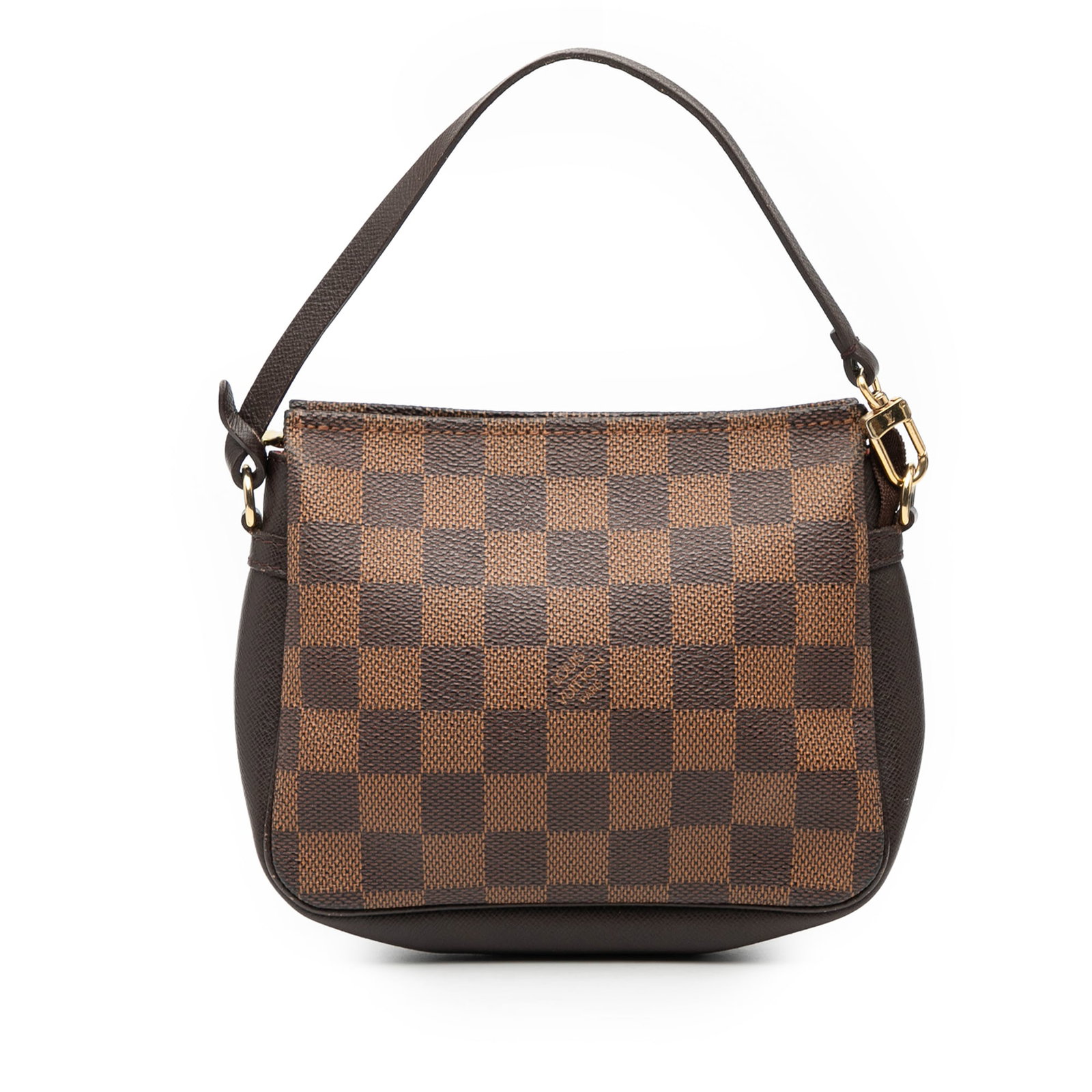 Louis Vuitton Damier Ebene canvas Trousse Pochette bag with zip closure: Louis Vuitton Damier Ebene canvas Trousse Pochette bag with zip closure This Louis Vuitton Damier Ebene Trousse Pochette features the signature Damier canvas body, a flat leather strap, and a top zip 