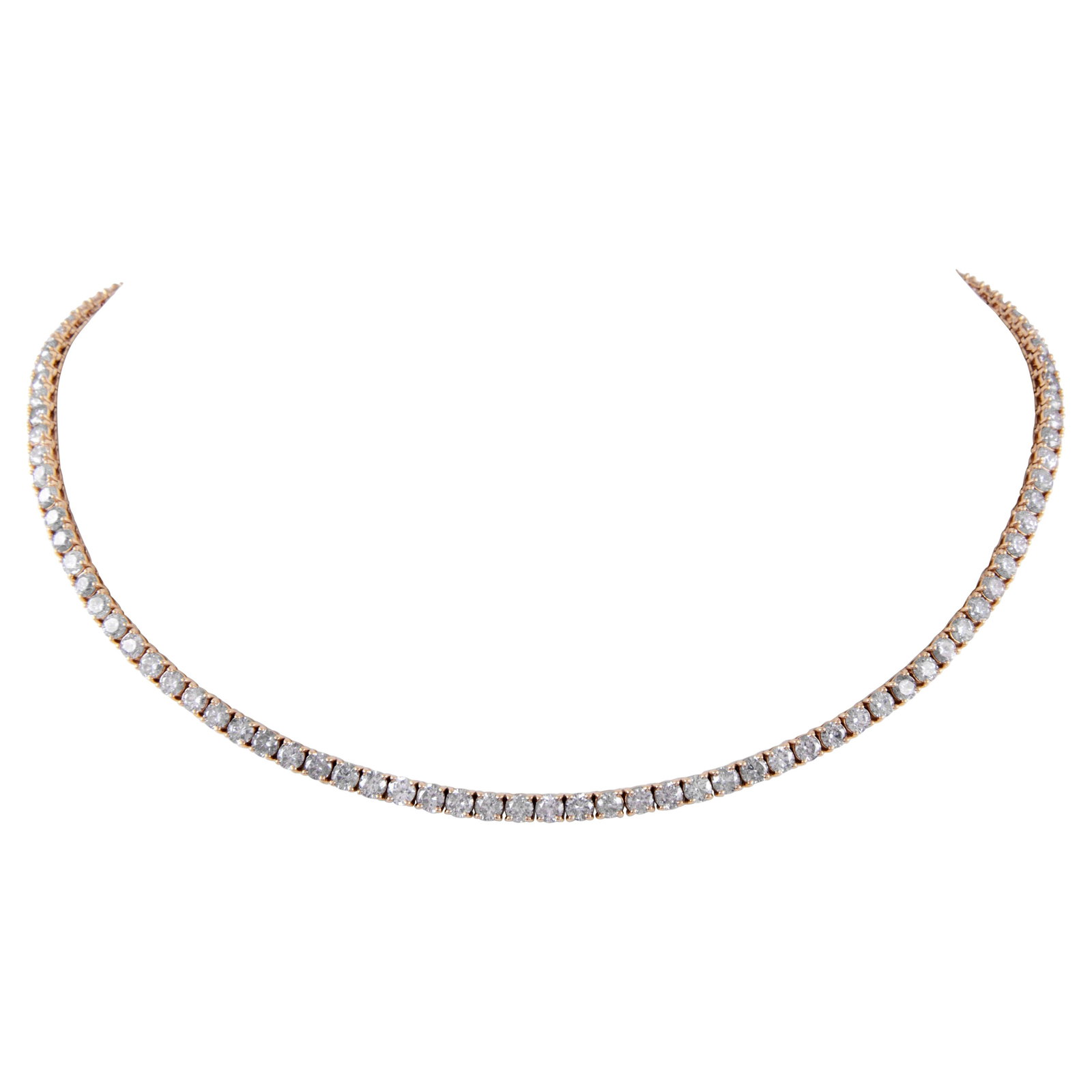 17.55ct Round Diamond Tennis Necklace in 14k Rose Gold: 17.55ct Round Diamond Tennis Necklace in 14k Rose Gold This stunning 17.55 ct Round Diamond Tennis Necklace is crafted in luxurious 14k rose gold, featuring 110 round brilliant diamonds that showcase 