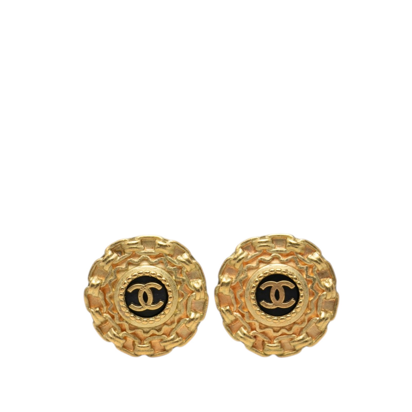 Chanel Round Clip Earrings Gold Tone Metal and Resin CC Logo: Chanel Round Clip Earrings Gold Tone Metal and Resin CC Logo These Chanel round clip-on earrings feature a gold-tone metal and resin construction with classic CC detailing. Designed for non-pierced ea