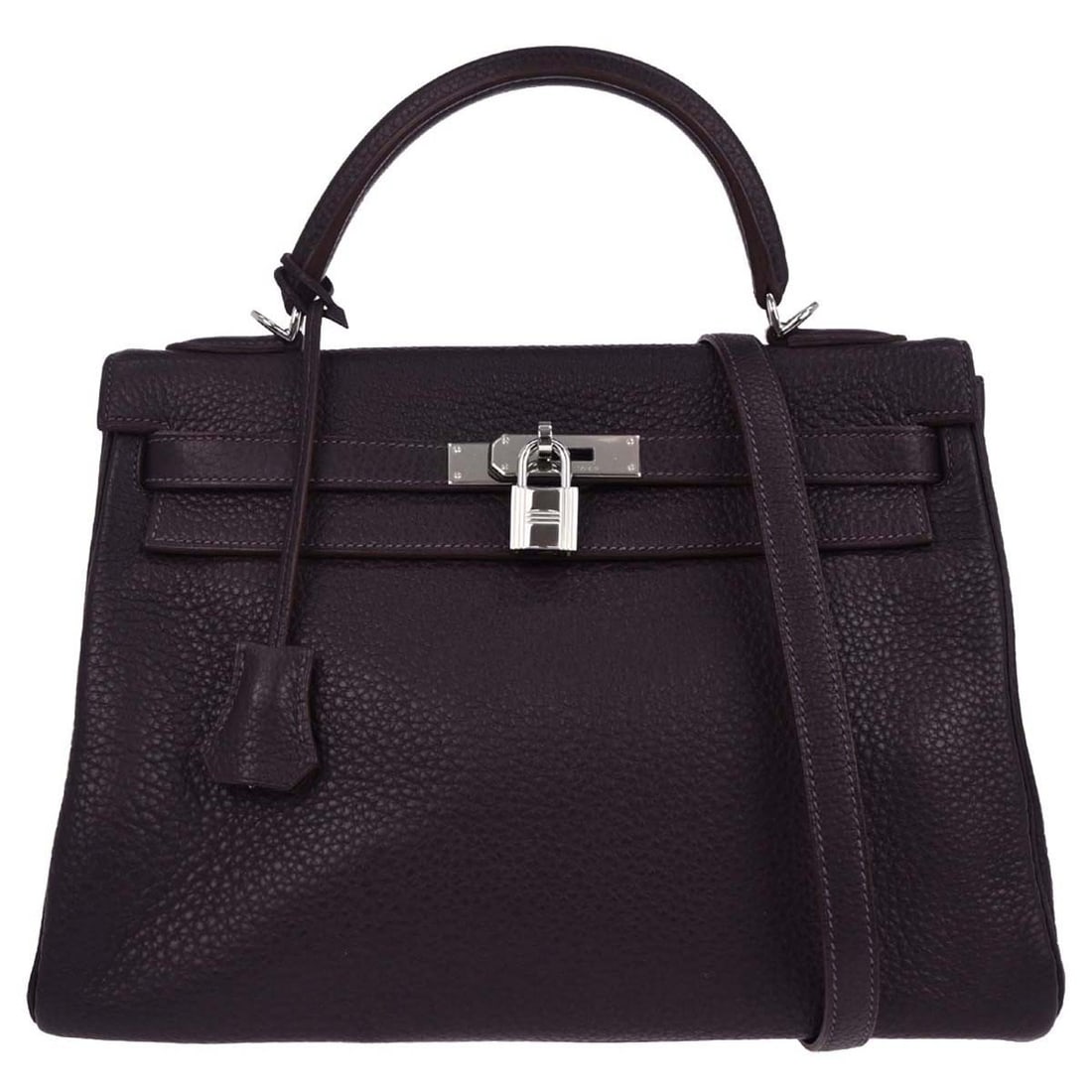Hermes Kelly 32 Raisin Leather Top Handle Bag with Gold Hardware: Hermes Kelly 32 Raisin Leather Top Handle Bag with Gold Hardware This Hermes Kelly 32 Retourne handbag is crafted from Taurillon Clemence leather in a striking raisin color. It features a top handle d
