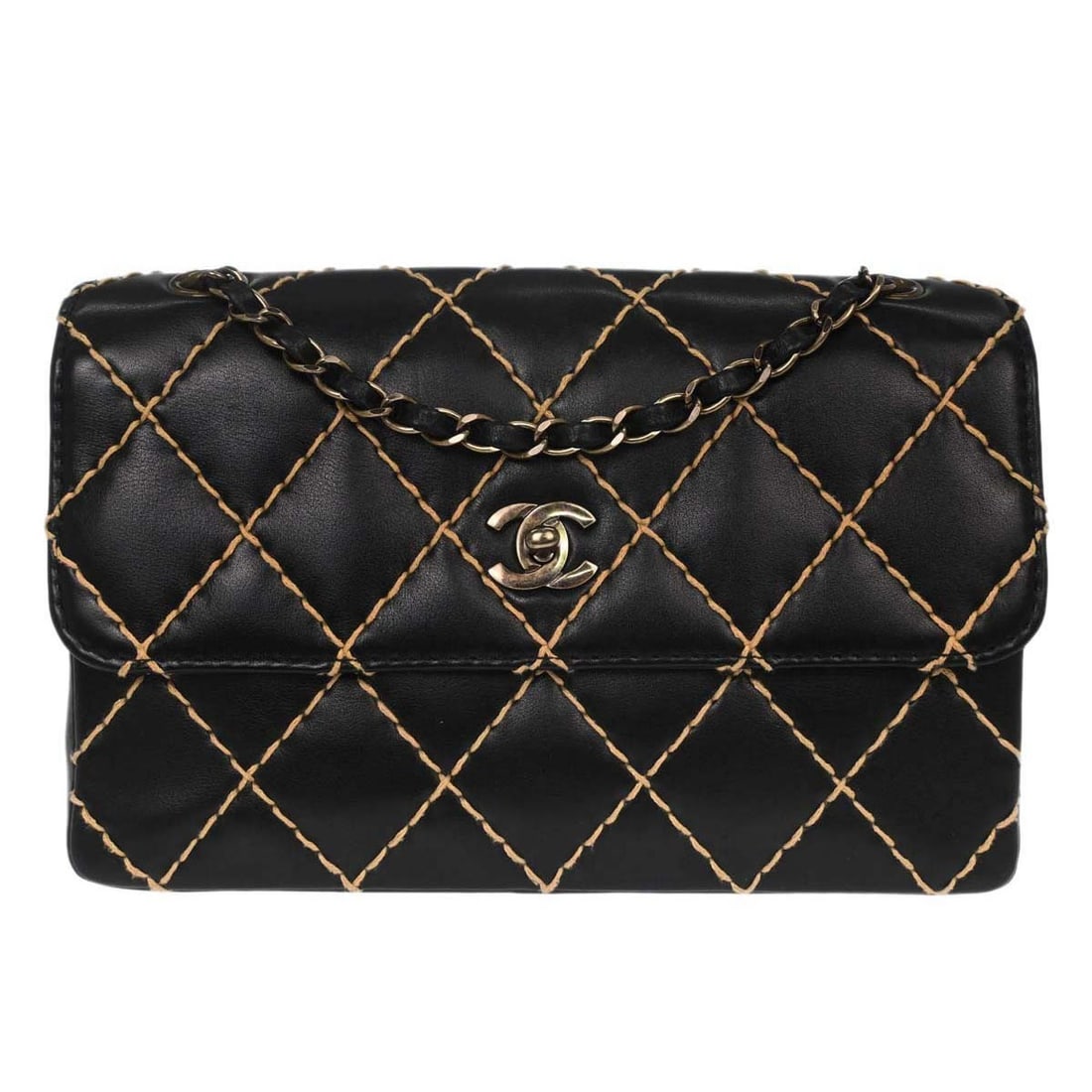 Chanel Wild Stitch Black Calfskin Flap Shoulder Bag: Chanel Wild Stitch Black Calfskin Flap Shoulder Bag This Chanel Wild Stitch Straight Flap Shoulder Bag is crafted from black calfskin leather and features a distinctive wild stitch design. The bag is 