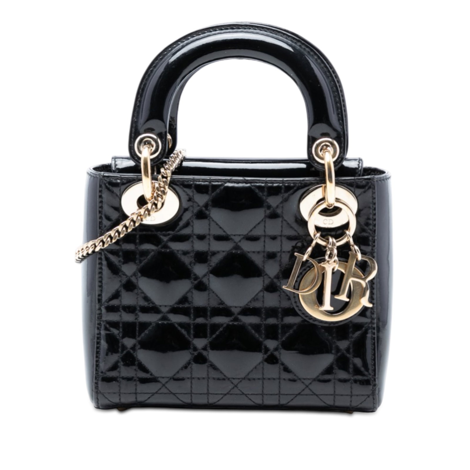 Dior Mini Lady Dior Black Quilted Patent Leather Cannage Handbag: Dior Mini Lady Dior Black Quilted Patent Leather Cannage Handbag This Mini Patent Cannage Lady Dior features a quilted patent leather body in black, flat leather top handles, and a detachable chain li