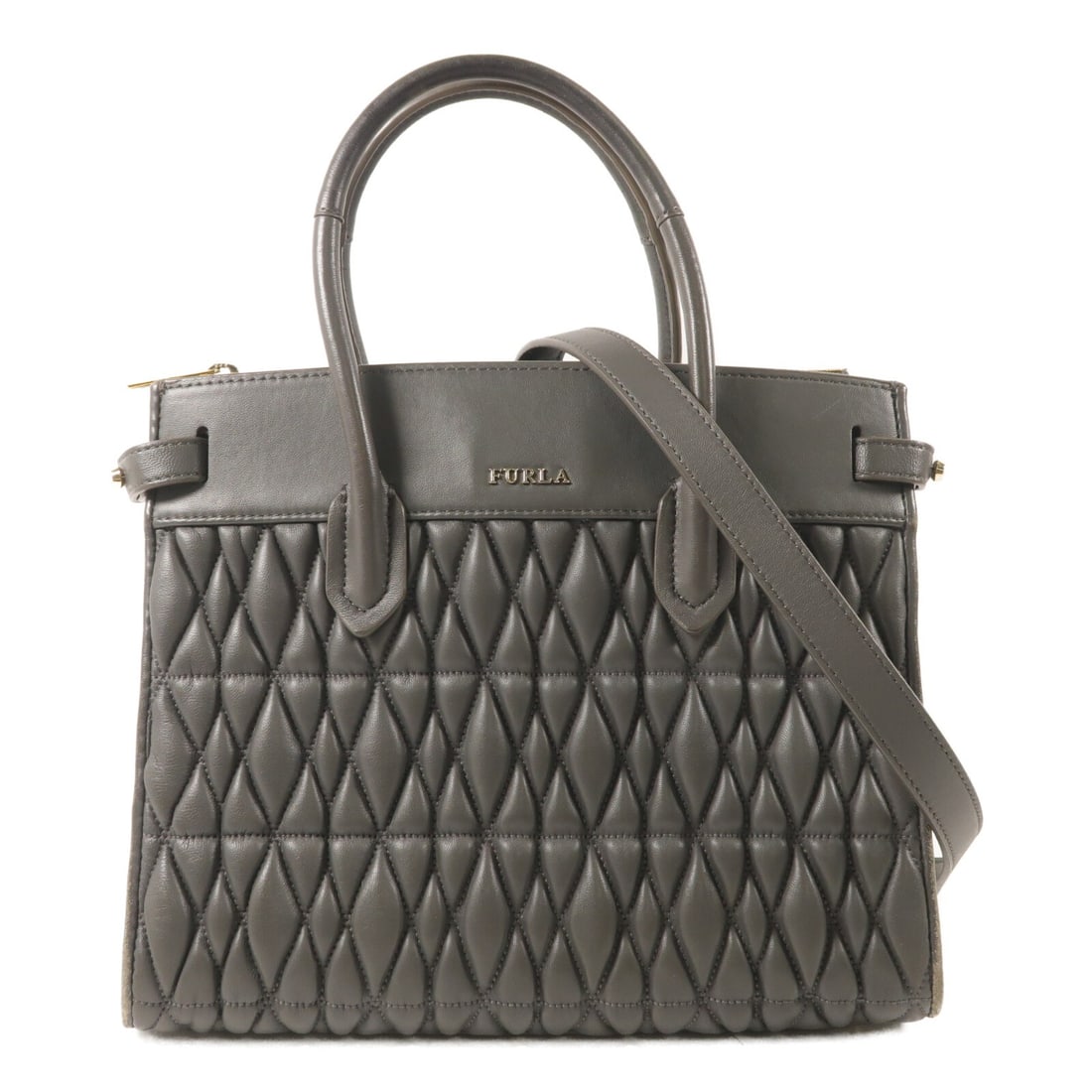 Furla lambskin gray 2way shoulder bag GHW: Furla lambskin gray 2way shoulder bag GHW This Furla 2-way shoulder bag is crafted from luxurious lambskin leather in a sophisticated gray hue. Designed for versatility, it can be carried as a shoulde