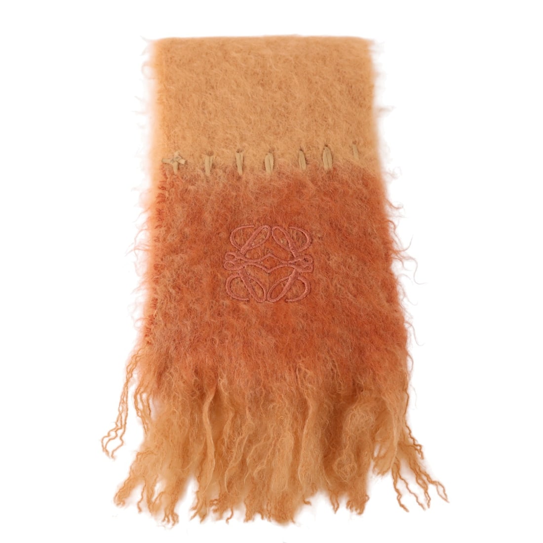 LOEWE Pink Beige Wool Scarf 140x19: LOEWE Pink Beige Wool Scarf 140x19 This LOEWE scarf is crafted from a blend of mohair and wool, offering both warmth and a soft texture. Featuring a pink and beige color palette, it is designed for wo