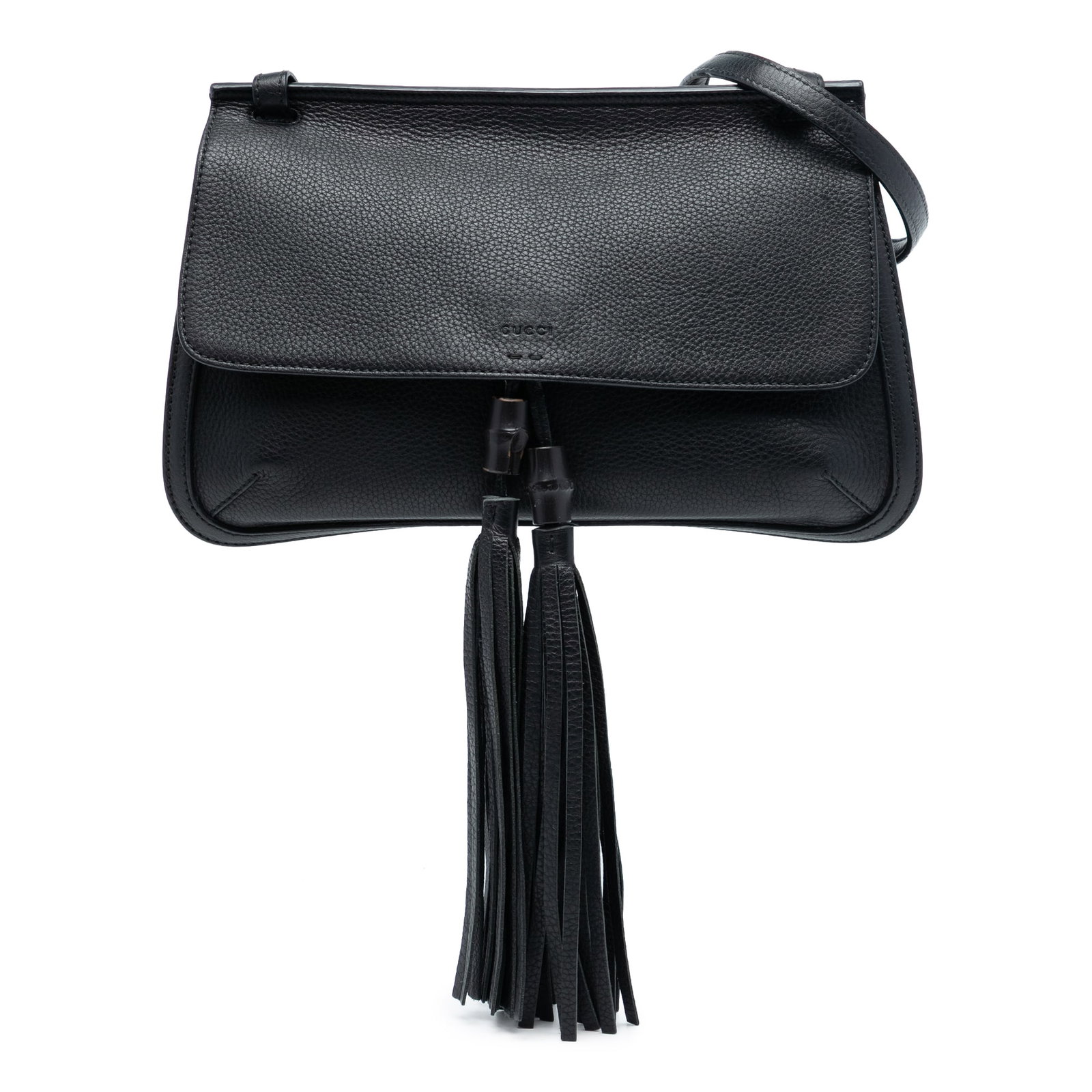 Black Leather Bamboo Tassel Crossbody Bag by Gucci Medium Daily: Black Leather Bamboo Tassel Crossbody Bag by Gucci Medium Daily This Gucci Medium Leather Bamboo Daily Crossbody features a black leather body with distinctive bamboo-accented leather tassels. The bag