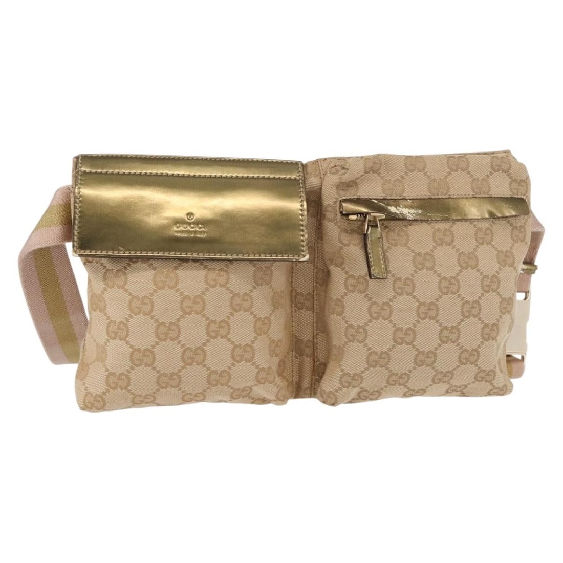 Vintage Gucci Double Belt Waist Bag Beige Canvas Leather: Vintage Gucci Double Belt Waist Bag Beige Canvas Leather This vintage Gucci double belt bag is crafted from beige coated canvas with leather accents, designed for unisex use. It features a compact sil