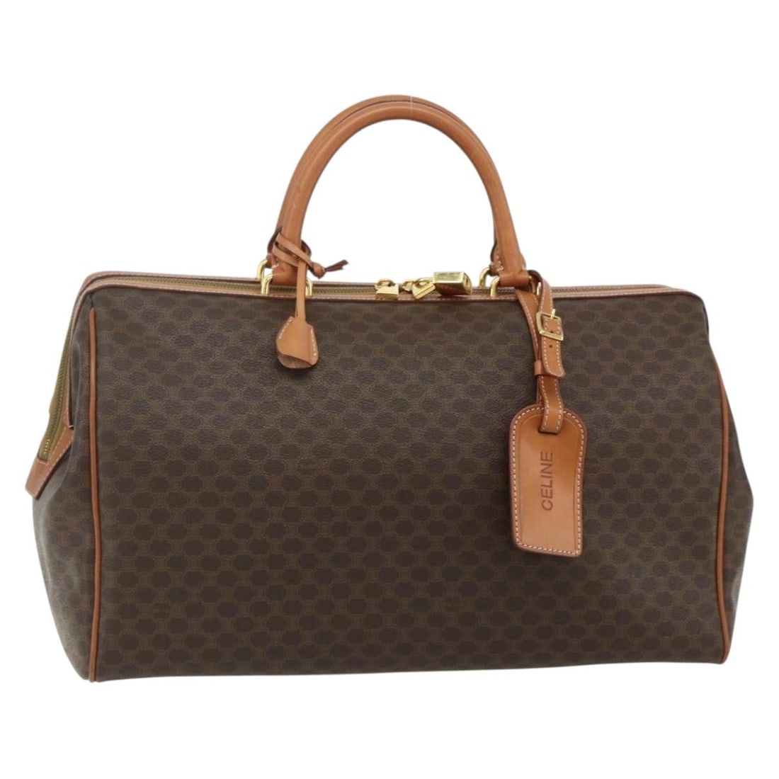 CELINE Macadam Brown Gold PVC Leather Handbag Italy Padlock Key Clochette: CELINE Macadam Brown Gold PVC Leather Handbag Italy Padlock Key Clochette This CELINE Macadam hand bag features a classic brown and gold color combination crafted from PVC leather and Macadam canvas. 