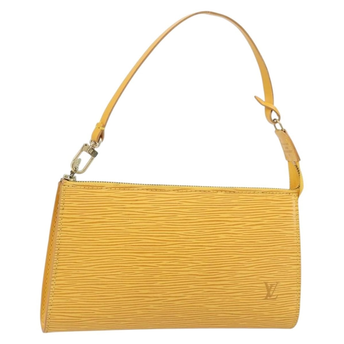 Yellow Epi Leather Pochette Accessoires Bag by Louis Vuitton M52989: Yellow Epi Leather Pochette Accessoires Bag by Louis Vuitton M52989 This Louis Vuitton Epi Pochette Accessoires pouch features the signature Epi leather in a vibrant yellow color. Designed for women, 