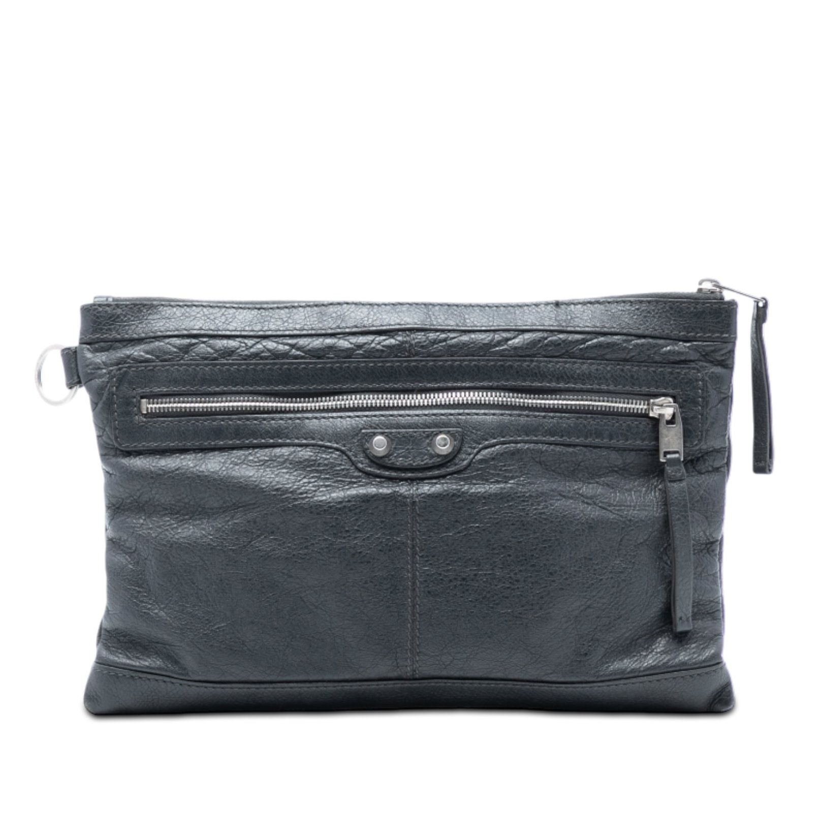 Balenciaga Motocross Classic Clip M Gray Leather Clutch Bag: Balenciaga Motocross Classic Clip M Gray Leather Clutch Bag This Balenciaga Lambskin Motocross Classic Clip M Clutch features a gray leather body with a top zip closure, an exterior front zip pocket, 