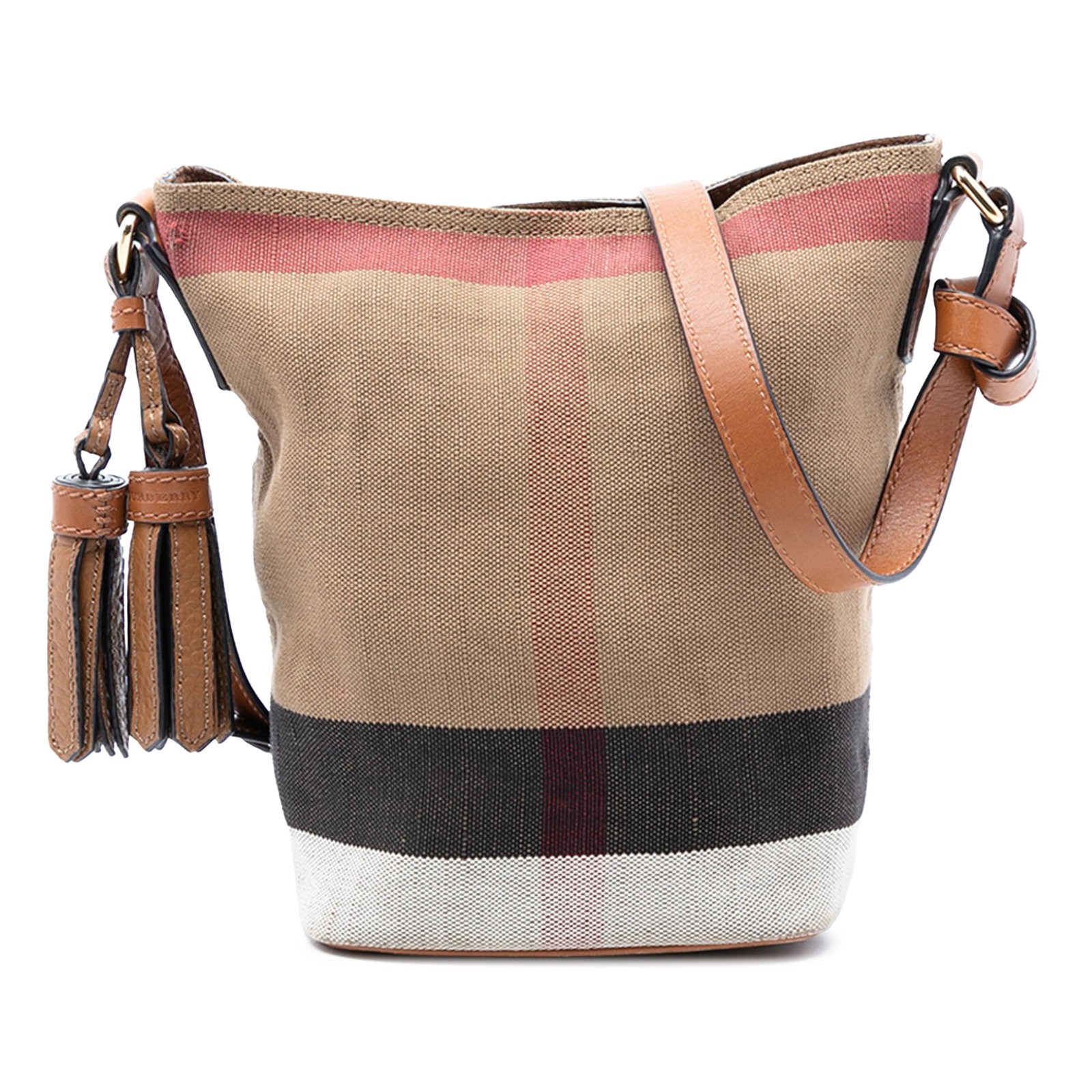 Burberry Mini Ashby Canvas Bucket Bag with Tassel Detail: Burberry Mini Ashby Canvas Bucket Bag with Tassel Detail This Burberry Mini Ashby bucket bag showcases the iconic Mega Check canvas with leather trim and tassel accents. It features an adjustable flat