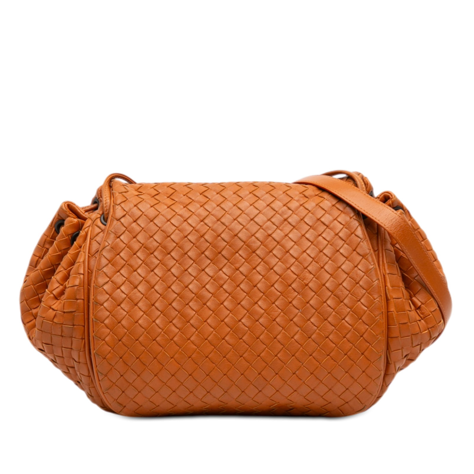 Orange Nappa Leather Crossbody Bag by Bottega Veneta Intrecciato: Orange Nappa Leather Crossbody Bag by Bottega Veneta Intrecciato This Bottega Veneta crossbody bag features the brand's signature woven nappa leather in a vibrant orange color. It is designed with an 