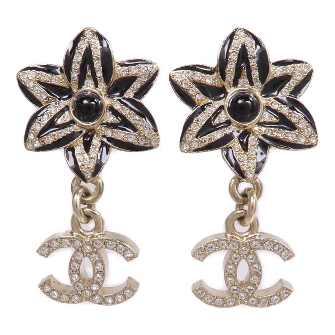 CHANEL Gold Tone Black CC Pierced Earrings: CHANEL Gold Tone Black CC Pierced Earrings These CHANEL CC pierced earrings feature a sophisticated black and gold design. Made in France, they are crafted from non-specified metal and materials, with