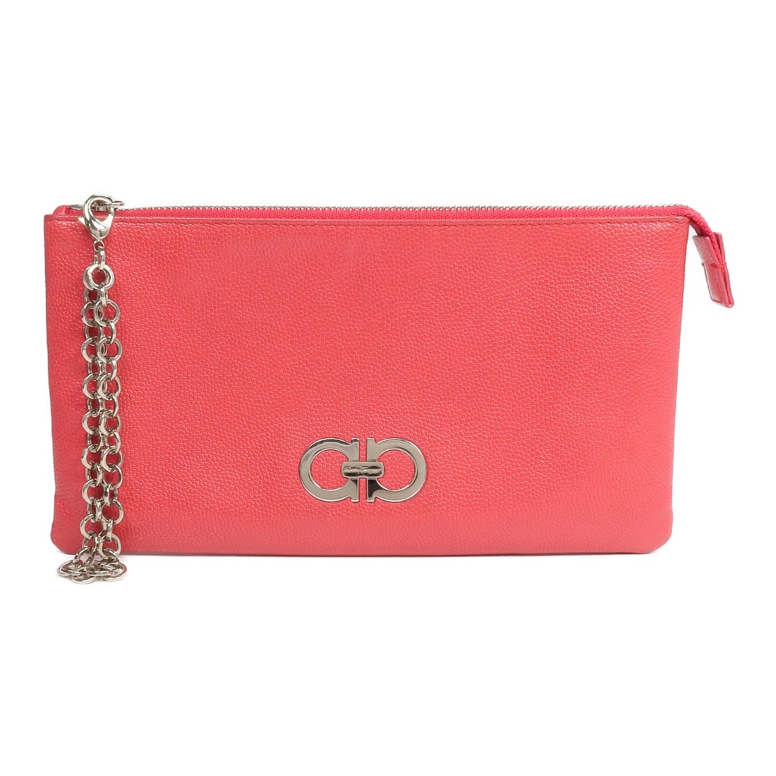 Salvatore Ferragamo Red Calfskin Pouch SHW 22 A473: Salvatore Ferragamo Red Calfskin Pouch SHW 22 A473 This Salvatore Ferragamo pouch is crafted from red calfskin leather and features silver-tone hardware. Designed for women, it offers a compact and el