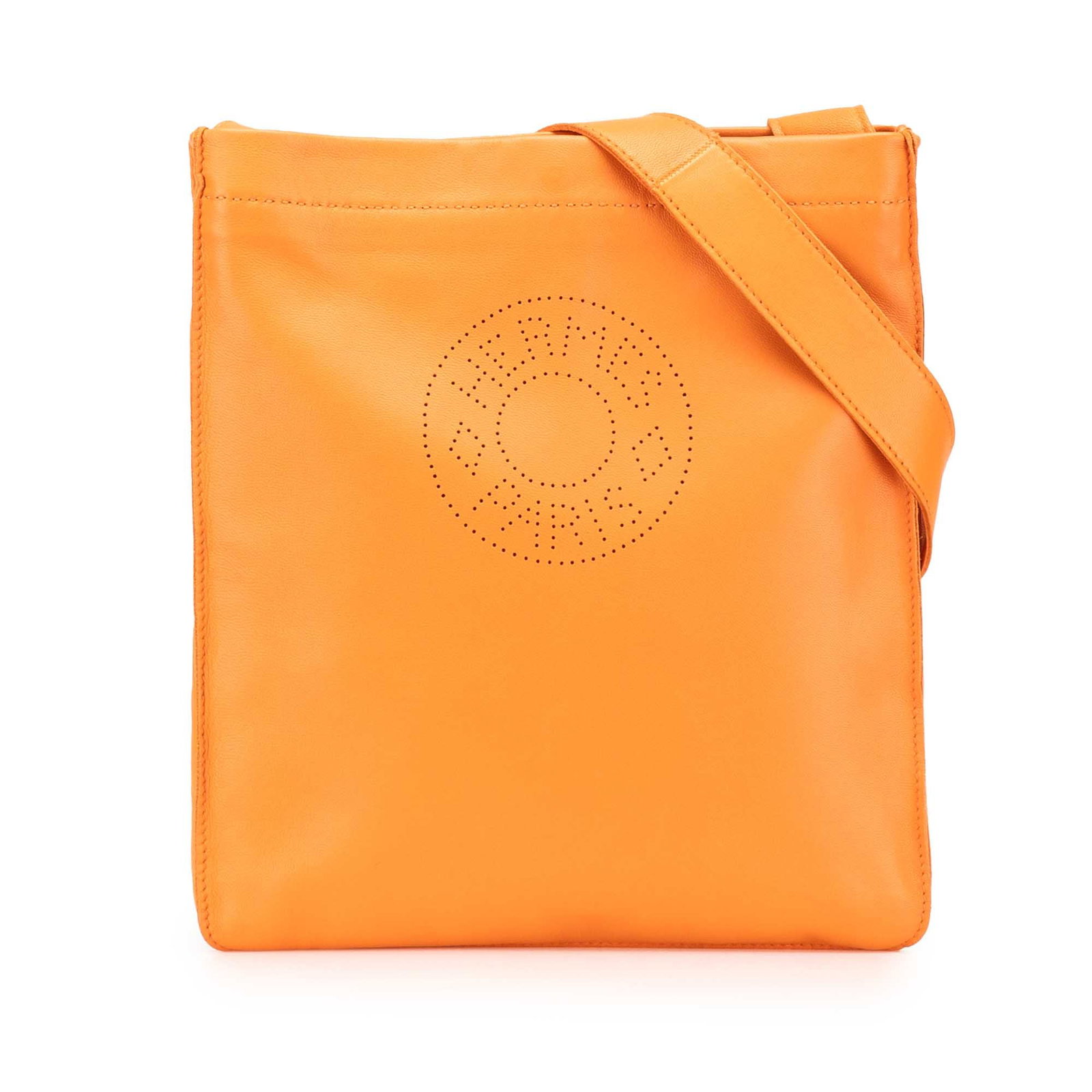 Hermes Milo Clou de Selle Orange Leather Crossbody Bag: Hermes Milo Clou de Selle Orange Leather Crossbody Bag The Hermes Milo Clou de Selle Crossbody is a chic accessory crafted from Milo lambskin leather, showcasing a vibrant orange hue. It features a fl