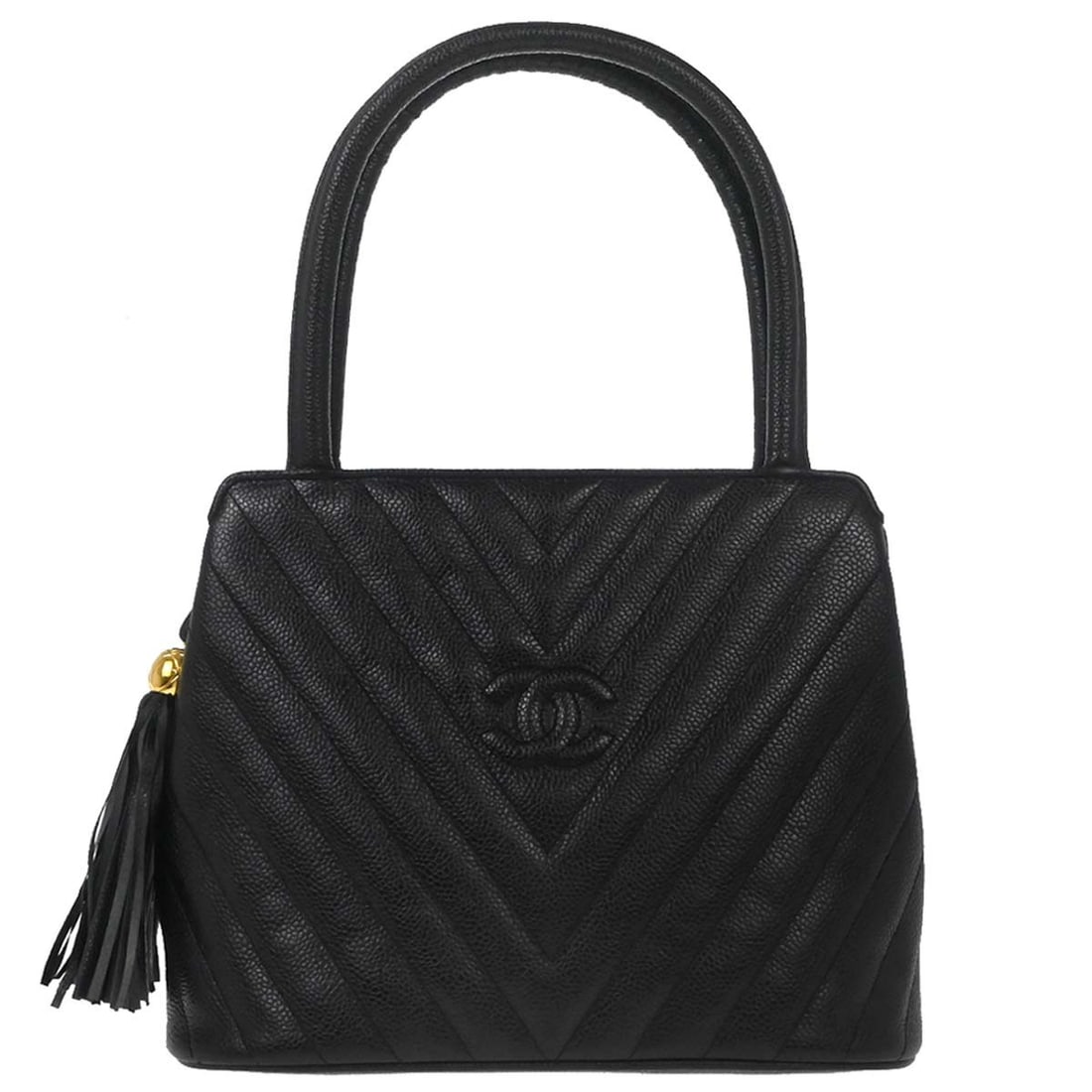 Chanel Caviar Skin Medium Chevron Top Handle Bag Black Leather: Chanel Caviar Skin Medium Chevron Top Handle Bag Black Leather This Chanel top handle bag features black caviar skin leather in a chevron pattern, accented with the iconic Chanel logo. The bag is medi
